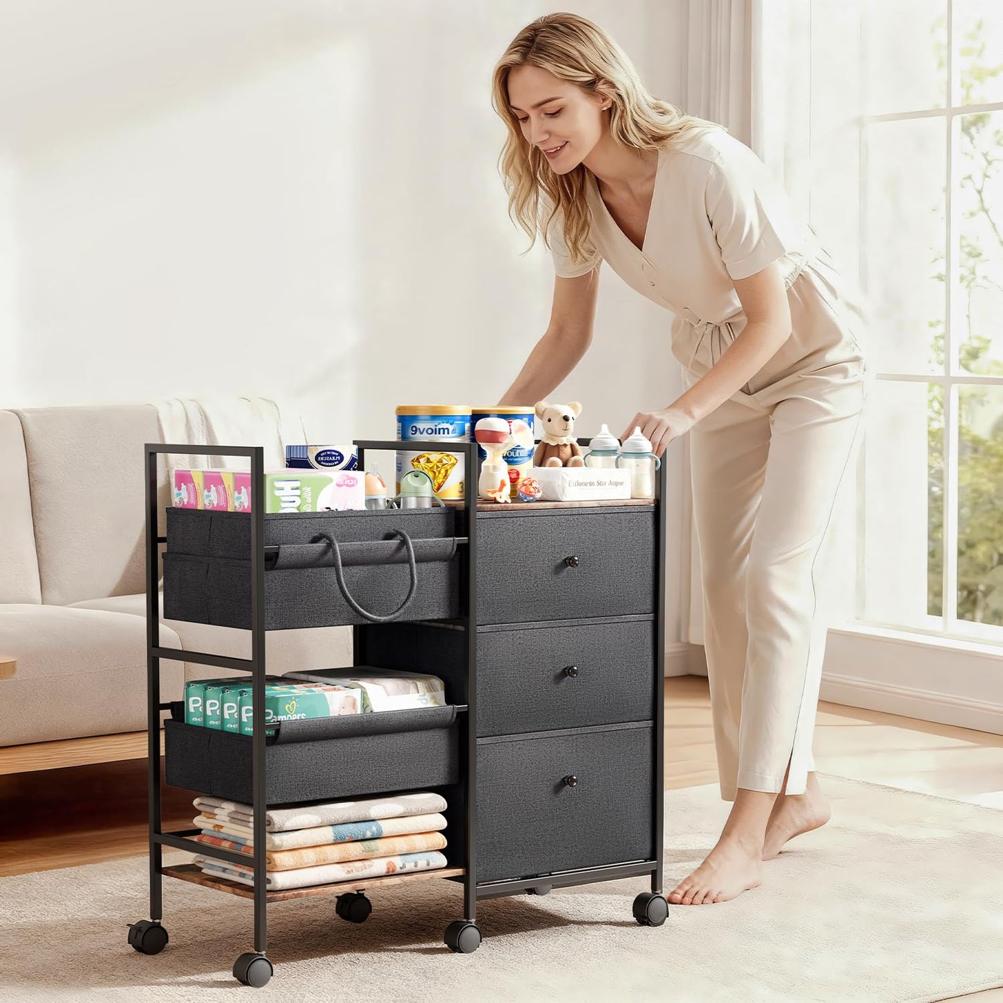 2-in-1 Baby Diaper Caddy Organizer and Storage-3 Tier Rolling Baby Cart with Dividers and Drawers, Baby Essentials for Nursery Storage, Mobile Utility Cart with Wheels Large Capacity Easy To Assemble