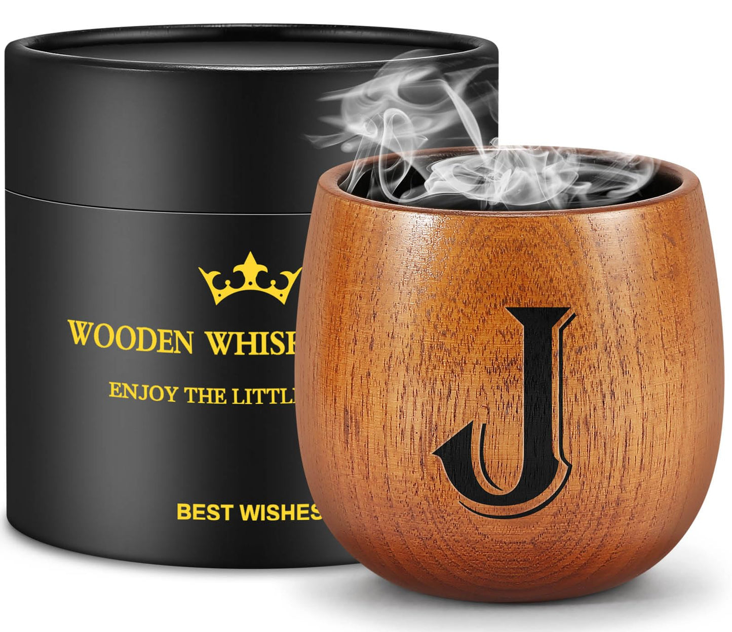 Astonlink Personalized Gifts for Men Husband Dad Boyfriend, Initial Charred Wooden Bourbon Drinking Glass & Whiskey Glasses Gift, Fathers Day Birthday Gifts for Men Dad Husband Brother Him (J)