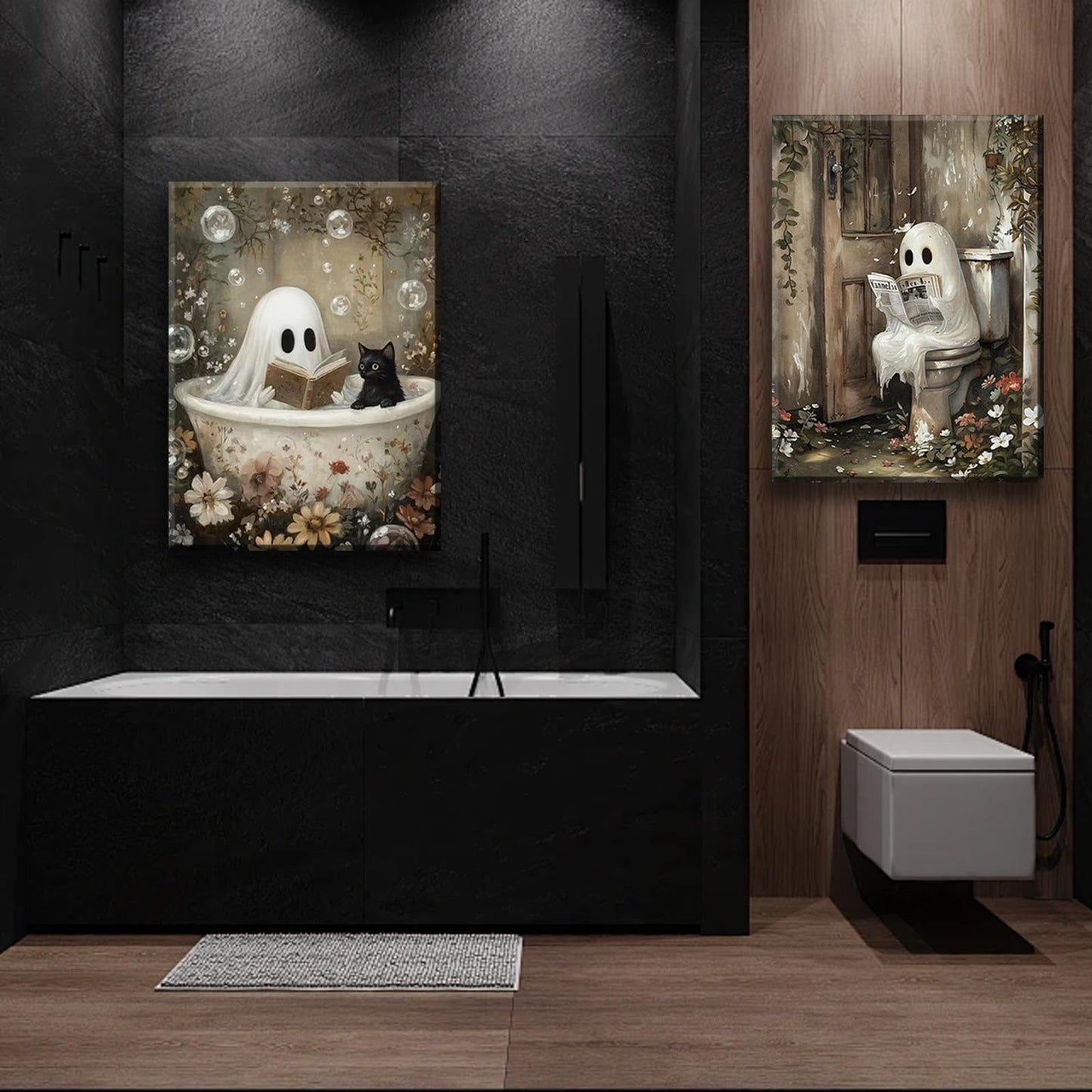 Framed Ghost Canvas Wall Art Set of 2 Cute Ghost Cat Reading in Bathtub Painting Rustic Whimsical Halloween Poster Picture Prints Décor for Bedroom Bathroom Restroom Spa 12x16 Inch