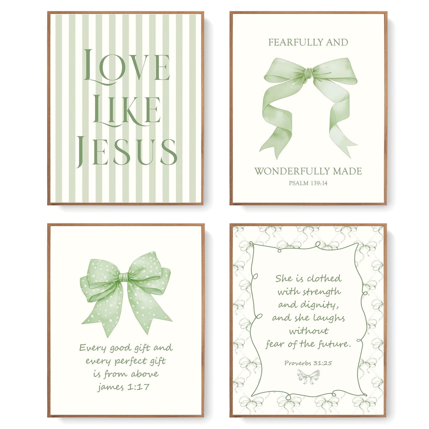 LARTSFRO Coquette Sage Green Bow Jesus Wall Art Decor Posters, Green Bow Christian Room Bedroom Bathroom Wall Art Decor Aesthetic for Teen Girls Gifts, Inspirational Bible Verses Bow Wall Decor, 8x10 Inch Set of 4 Bow Pictures(UNFRAMED)