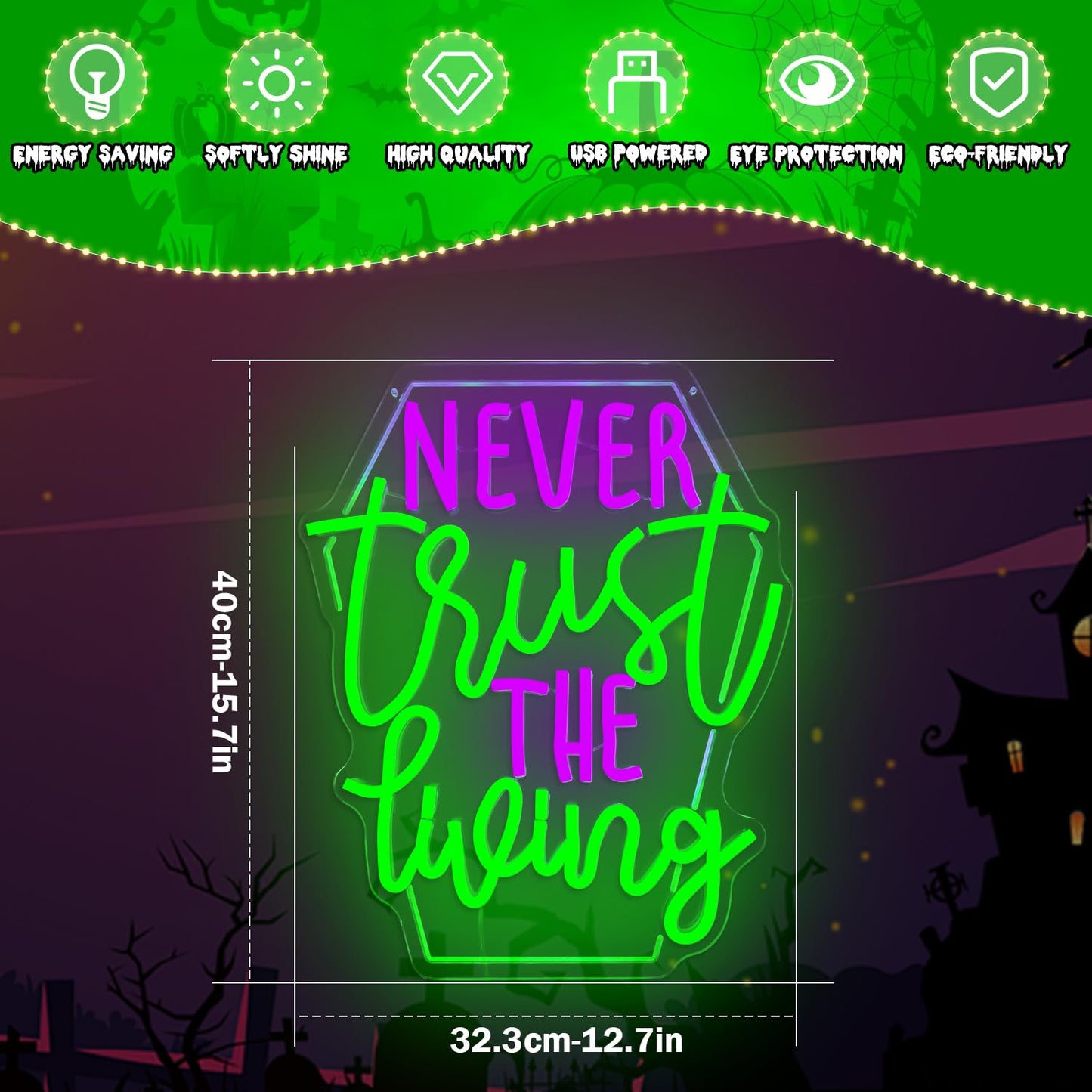 Ajoyferris Never Trust The Living Neon Sign Halloween Led Sign for Wall Decor Halloween Tombstone Neon Light for Party Chamber of Secrets Spooky House Bedroom Dimmable USB Led Light Sign