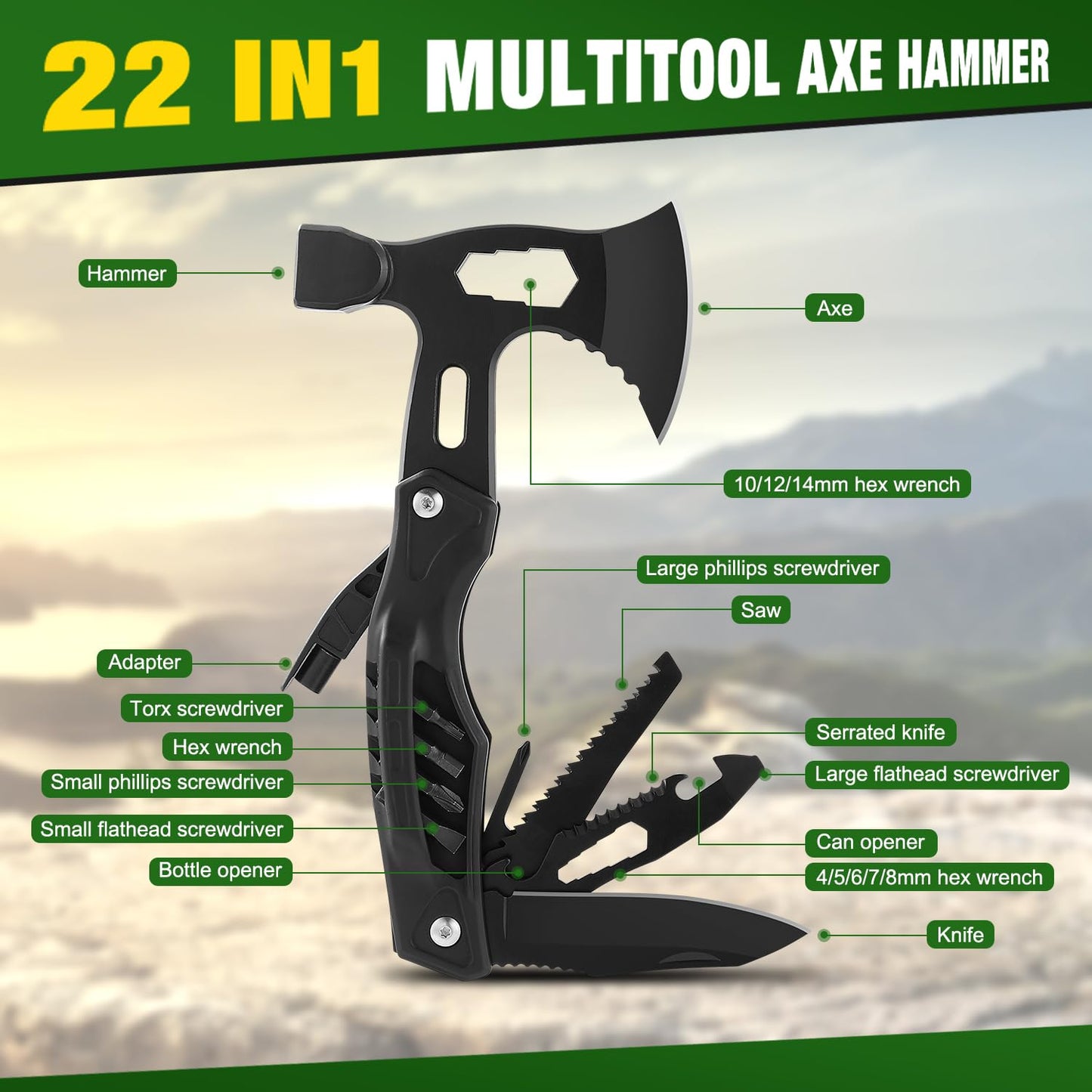 Stocking Stuffers for Adults Men - Gifts for Dad from Daughter Wife, 22 in 1 Hardened Stainless Steel Camping Multitool Hammer Hatchet, Upgrad Portable Camp Axe Screwdriver Set with Nylon Sheath