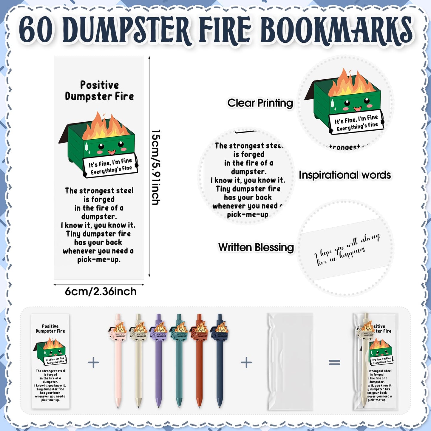 Sayglossy 60 Sets Dumpster Fire Gifts Funny Teacher Appreciation Gifts Dumpster Fire Ballpoint Pens and Emotional Support Bookmark Bulk for Volunteer Coworker Employee Office Desk Accessories