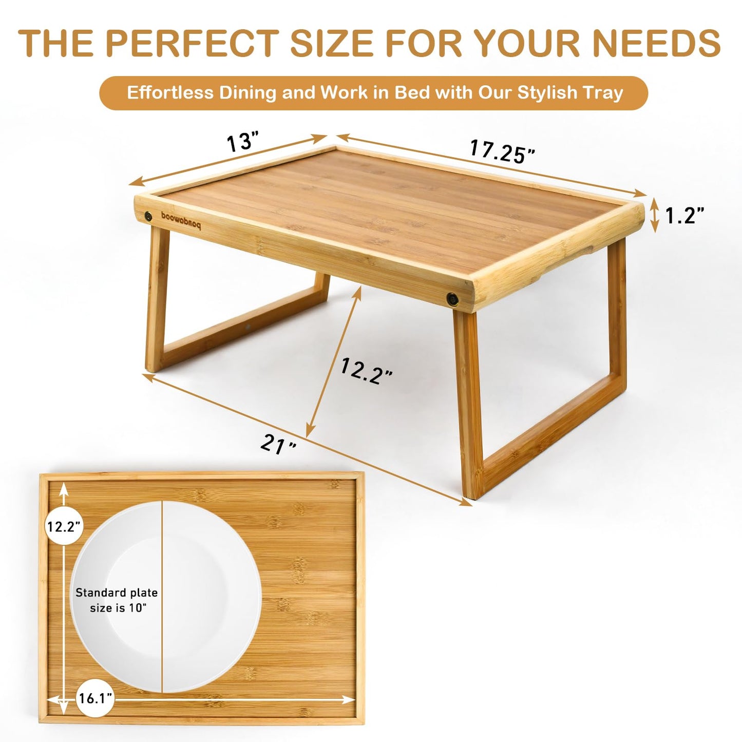 Bamboo Breakfast Tray for Bed - Bed Tray Table with Folding Legs for Eating - Foldable Food Tray with Handles - TV Lap Tray for Couch Adults Kids - Portable Bamboo Bed Tray with Legs for Laptop