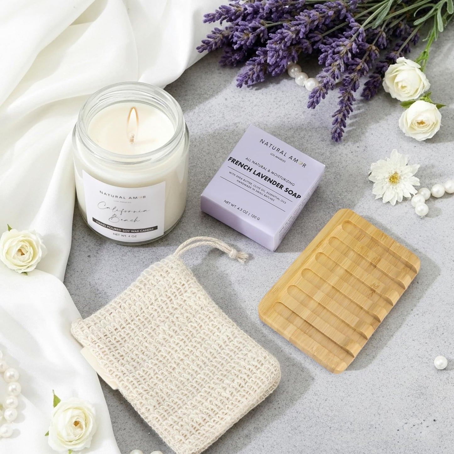 Natural Amor 8-Piece Spa Gift Set with Blanket – Self-Care Box with Lavender Body Butter, Soap, Candle – Blanket with Grey Ribbon Gift for Women, Birthday, Holiday