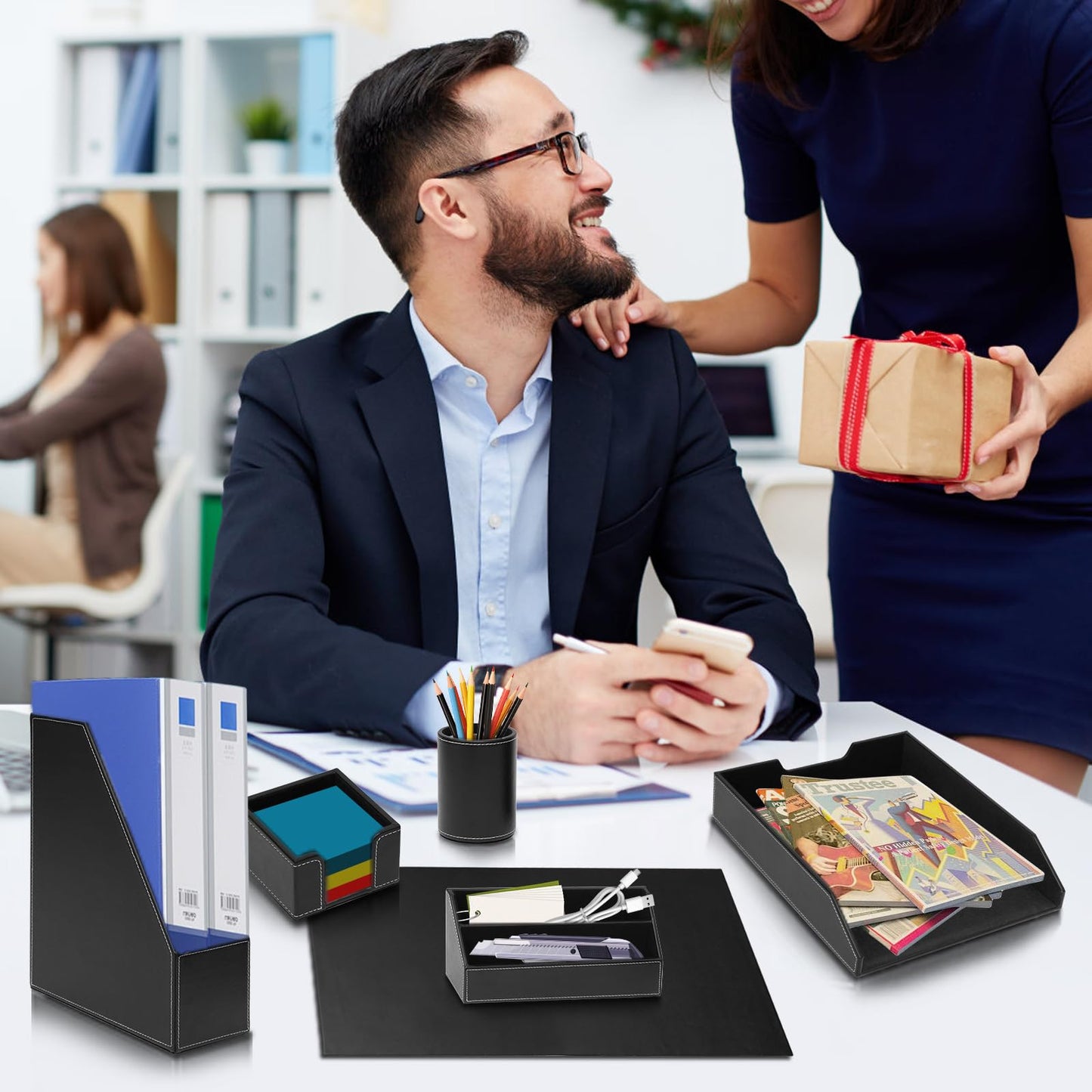 XNONE Office Supplies PU Leather 6-Piece Set Desk Organizer,Include Writing Pad,Letter Tray,file folder Sorter/Magazine Holder,Pen Cup,Note Holder,Business Card Holder,Man/Woman Office Gift,Black