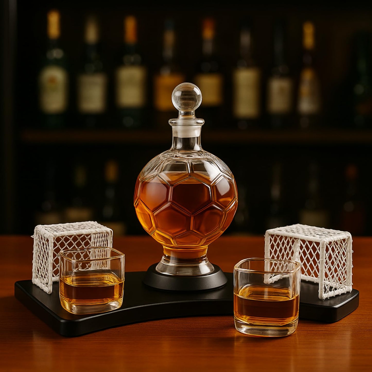 Soccer Whiskey Decanter Set with 2 Glasses & Goal Holder – Football-Shaped 25.9 oz Liquor Decanter Gift Set – Barware for Bourbon, Scotch, Rum – Unique Gift for Men, Sports Fans, Coaches