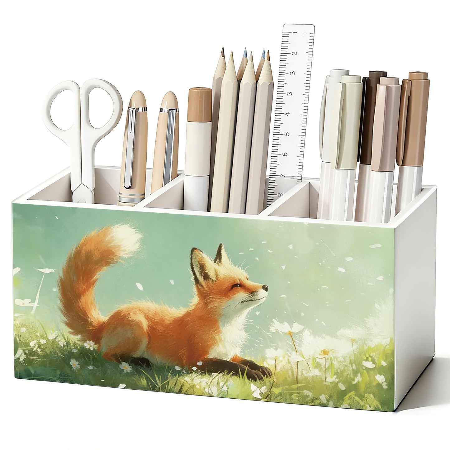 SkyCozy Fox Pen Pencil Holder for Desk, Fox Gifts for Women Men, Animal Lovers Gifts, Rustic Wildflower Wild Animal Wooden Box Sign Decorations for Kids Room Bedroom Home Office Desk Tabletop