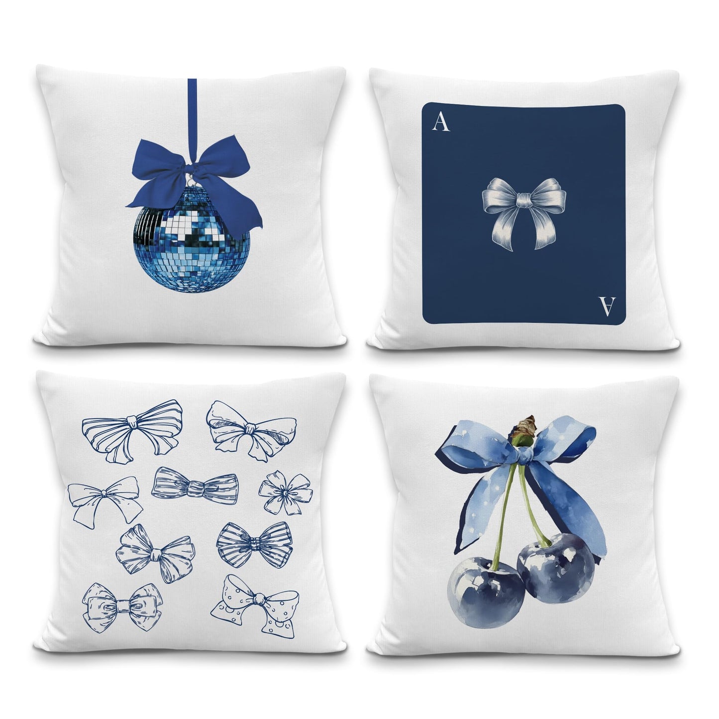 LRyeisahh Blue Trendy Preppy Throw Pillow Covers, Coquette Blue Bow Cherry Disco Ball Decorative Pillowcases Cushion Cases for Girly Room Bedroom Dorm Apartment Decor, 18x18 Pillow Covers Set of 4
