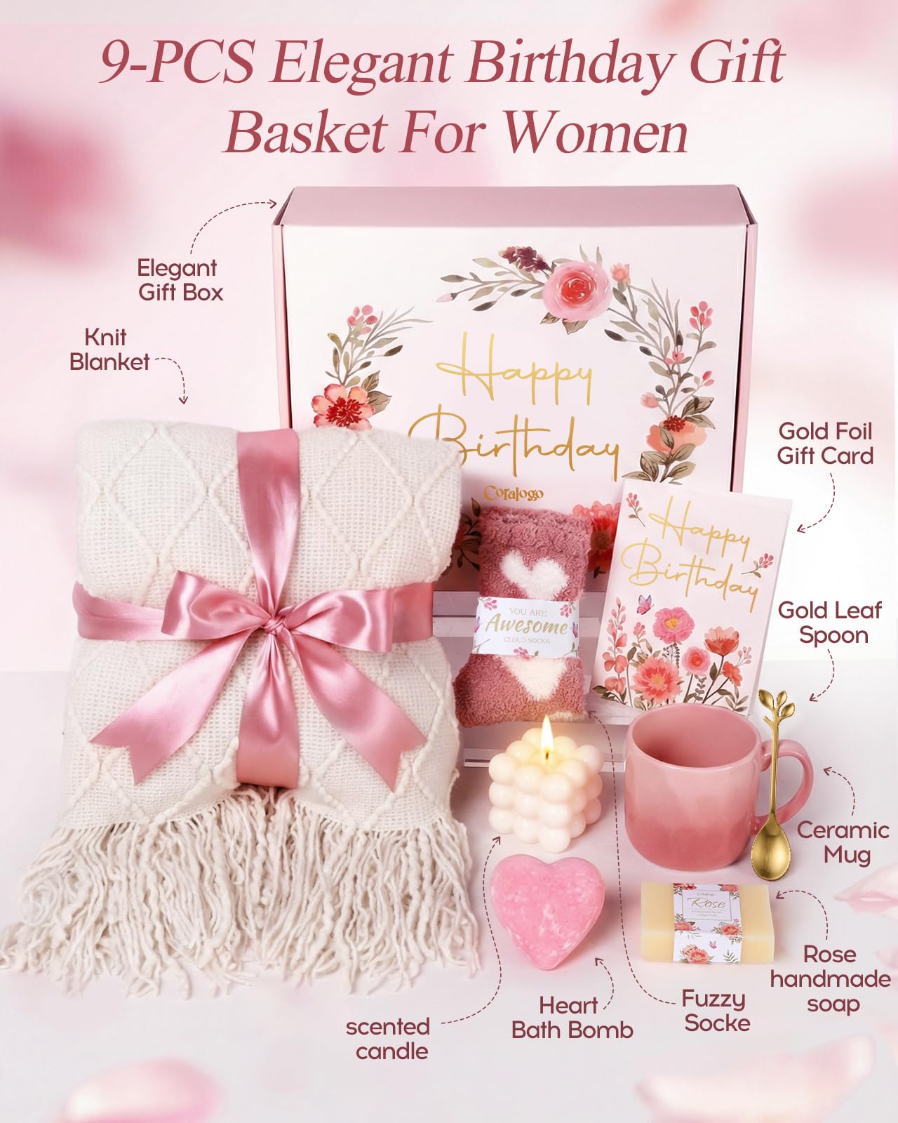 Coralogo Rose Themed Birthday Gifts for Women - Pink Birthday Spa Gift Basket for Women Unique 9pcs Self Care Gift Basket with Plush Knit Blanket for Mom Wife Girlfriend Bestie Her