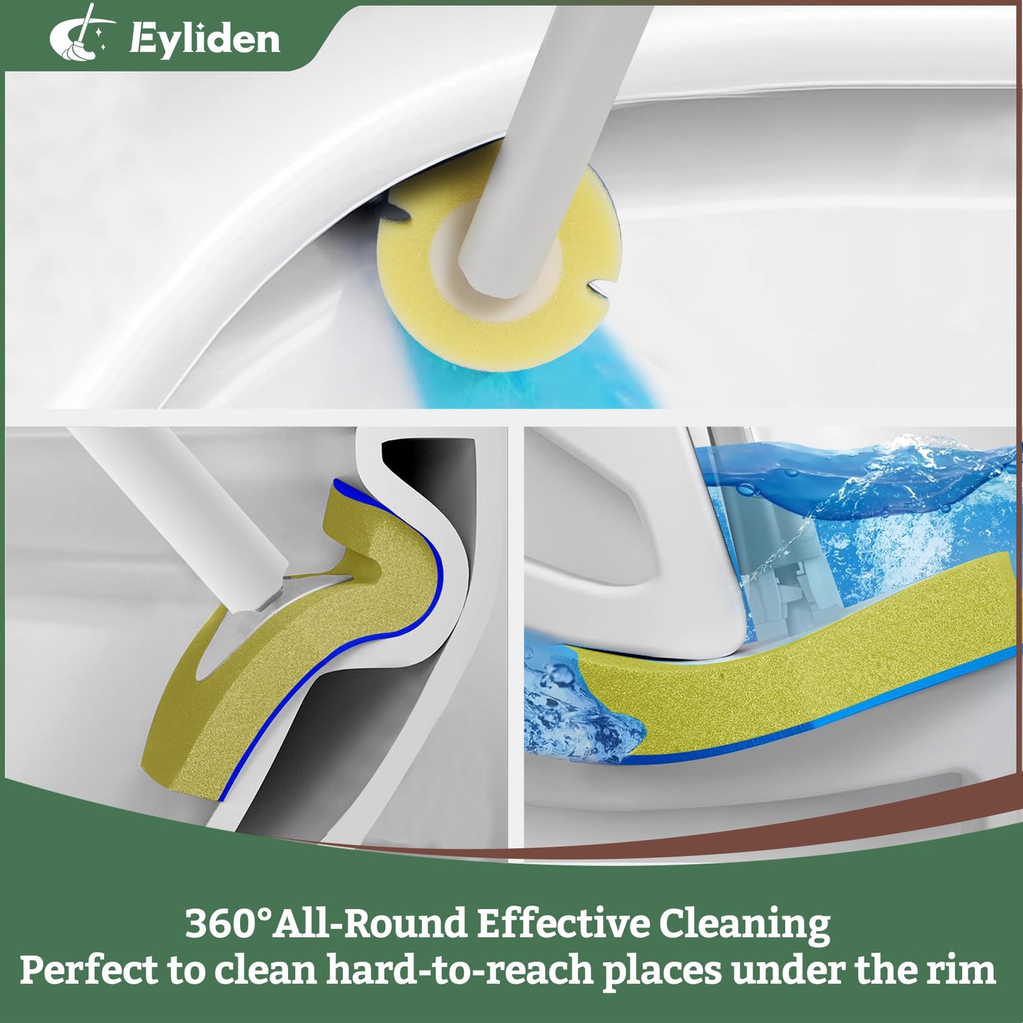 Eyliden Toilet Brush Set with 40 Refills, Disposable Toilet Cleaning Wand Kit with Pre-Soaked Sponge Heads, Hands-Free Toilet Bowl Cleaner Scrubber and Holder, White