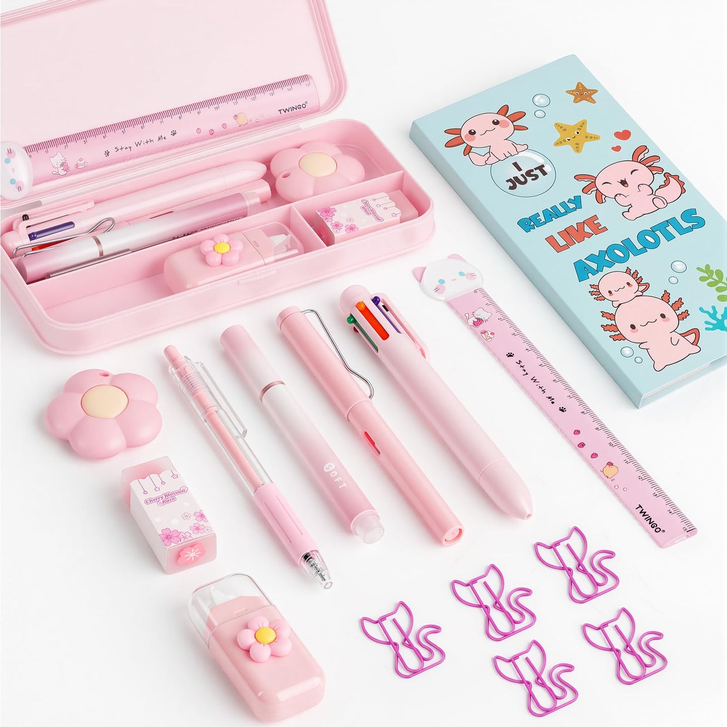 11 in 1 Pink Axolotl Stationery Gifts Set School Supplies for Kids, Kawaii Stationery Kit Axolotl Office Supplies with Pencil Case, Pens & Sticky Notes Set Correction Tape Ruler Utility Knife Cat Clip