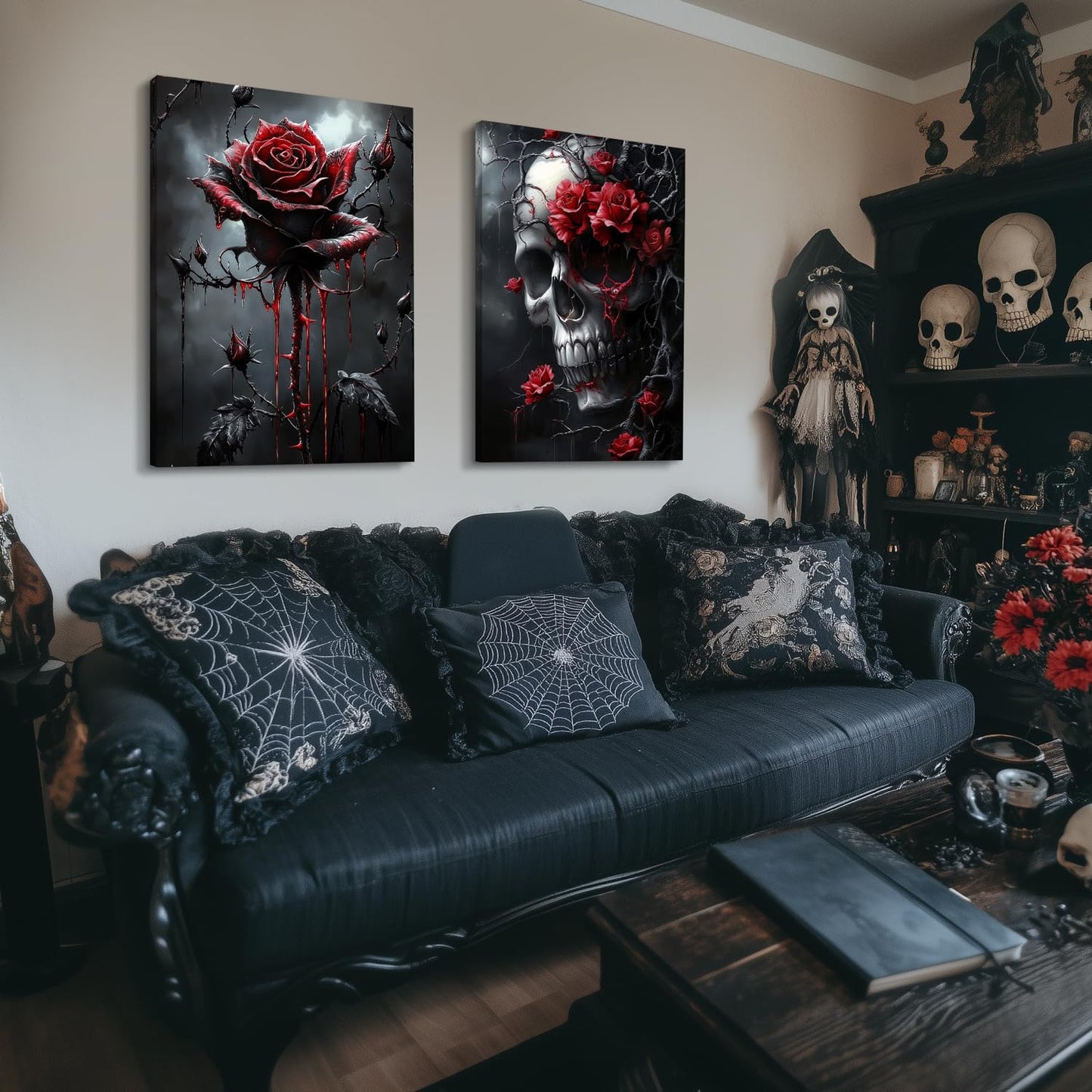 Hianan Horror Gothic Canvas Wall Art, Romance Raven Rose Halloween Wall Decor, Bloodthirst Goth Crow Rose Poster Prints, Dark Goth Skull Aesthetic Pictures for Bathroom Living Room Framed 12"x16"x3
