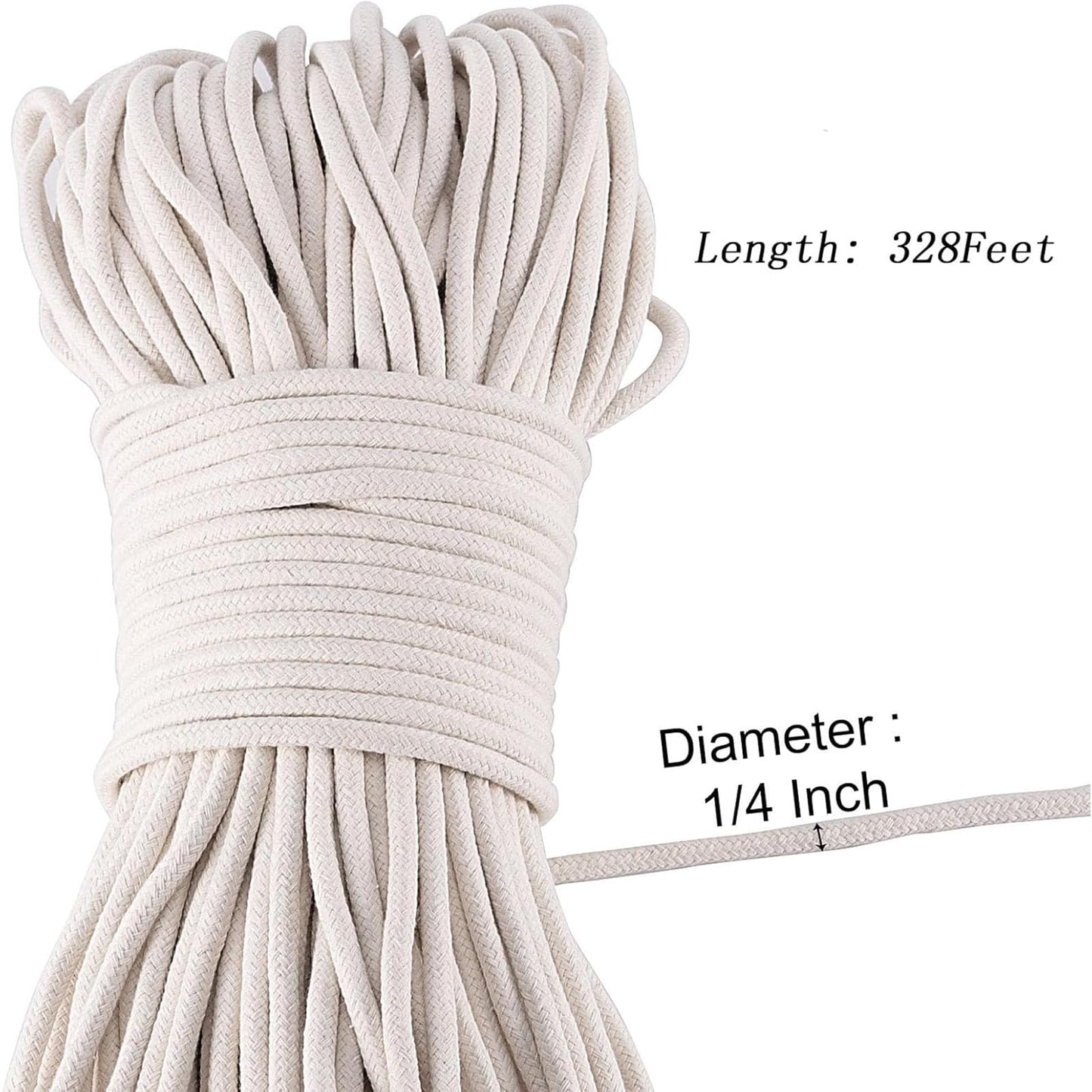 MOUYAT 328 Ft x 1/4 Inch Natural Cotton Rope, White Clothesline Cotton Cord, All Purpose Braided Cotton Cord Utility Rope for Clothes Hanging, Macrame, Plant Hanger, Knitting Crafts