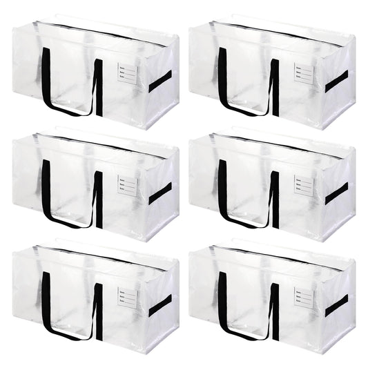 6 Pack Heavy Duty Extra Large Moving Bags with Black Handles, Waterproof Foldable Storage Totes, Clothing Storage Bags, Packing Moving Boxes for College Supplies & Seasonal Storage, Clear