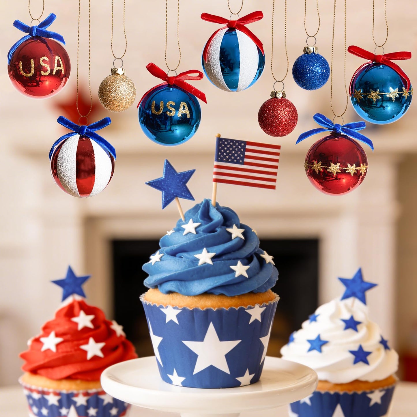 DN DECONATION 4th of July Tree Patriotic Decorations Red White and Blue Hanging Decor Balls with USA Stars & Glitter, Memorial Independence Day Decorations Party, Summer Gift 12 Pcs Shatterproof