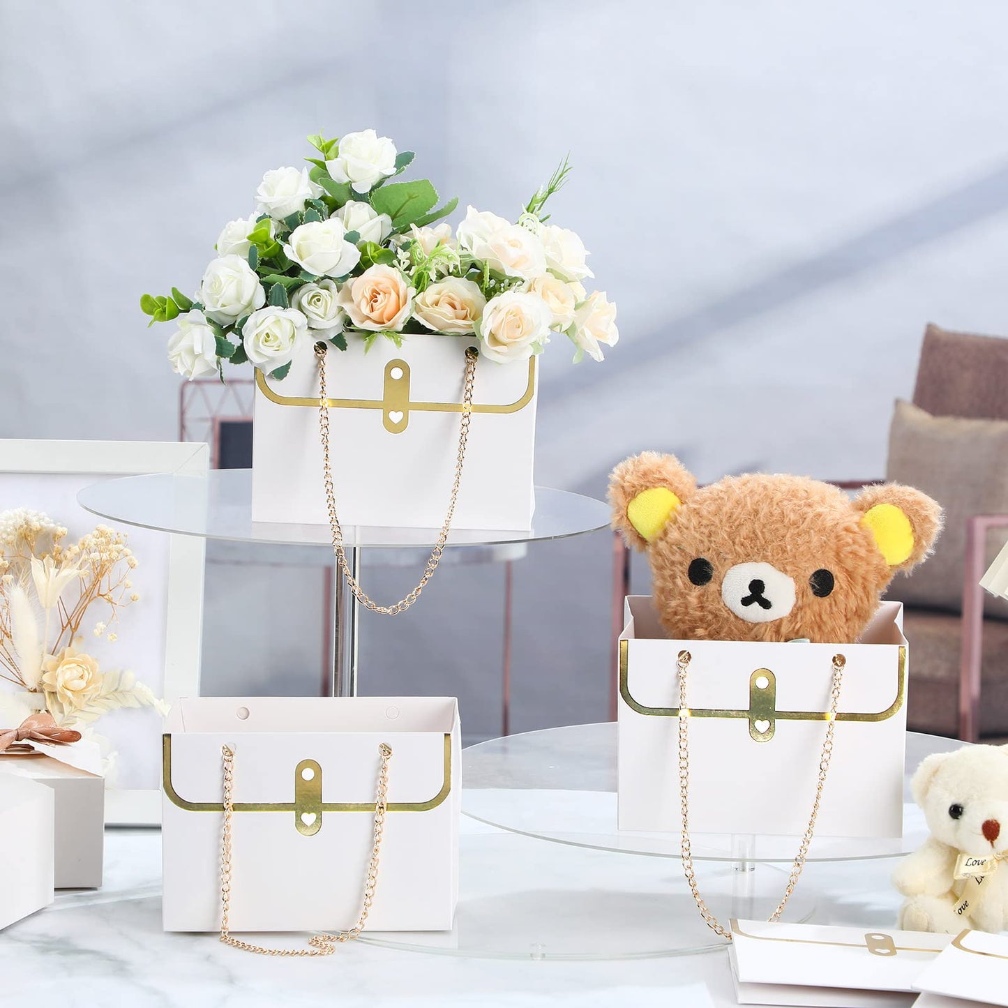 Lincia 12 Pcs Mother's Day White Flower Box Wedding Flower Paper Gift Bag Bouquet Boxes with Handle Boxes for Arrangements Bouquet Wrapping Paper for Mother's Day Wedding Baby Shower