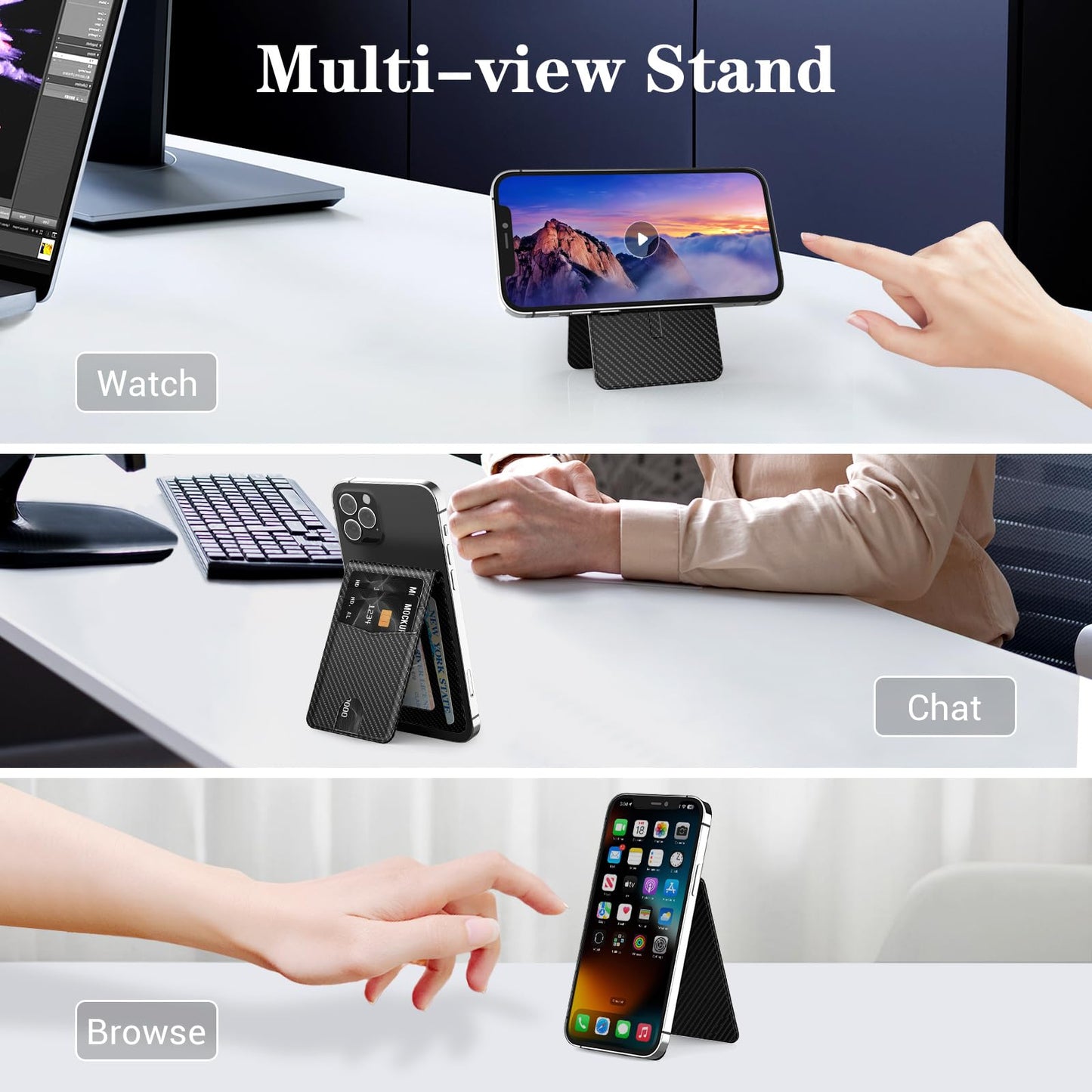 YINHEXI for Magsafe Wallet Stand, Magnetic Leather Phone Wallet Card Holder for Phone Case with Adjustable Stand, Minimalist Slim Leather Mens Wallet with 4 Cards Slots (Carbon Fiber)