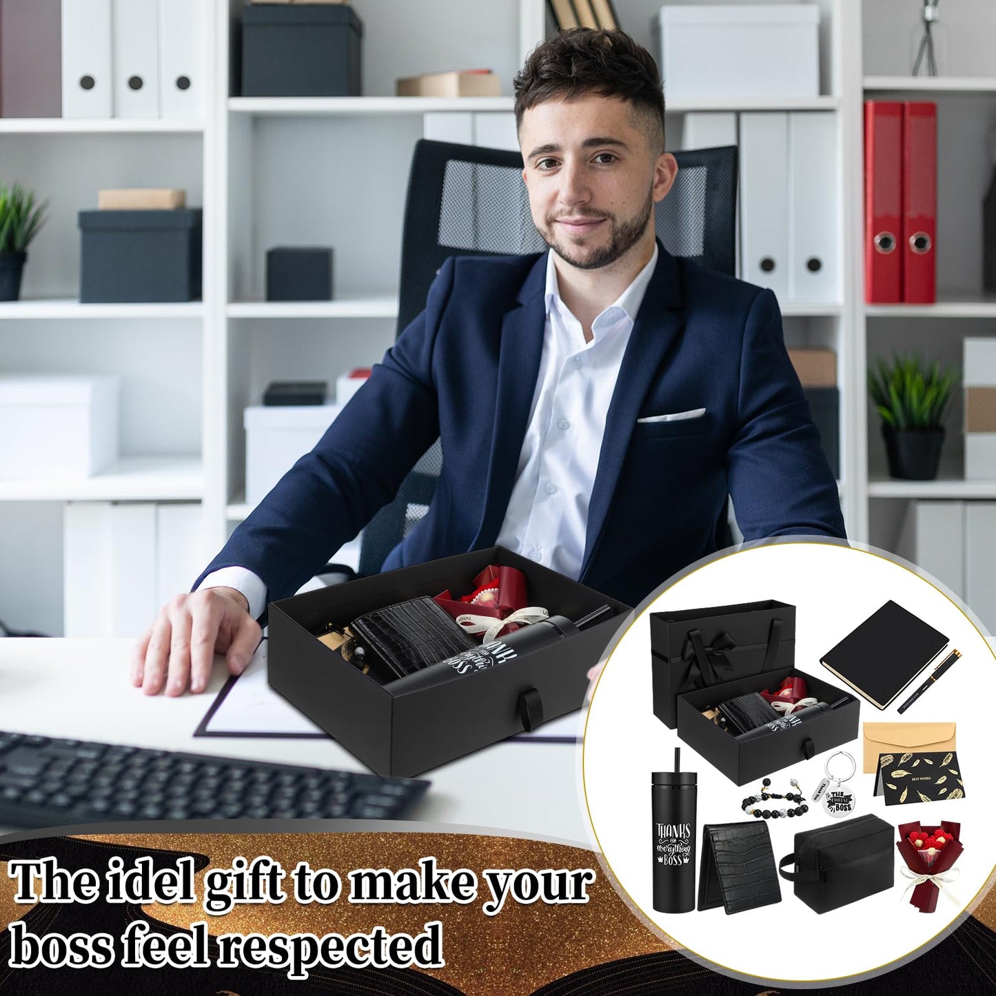 Sunnymove 10 Pcs Best Boss Gifts Set for Men, Bosses Birthday Appreciation Thank You Office Gift Set with Tumbler Wallet Bracelets Keychain for Manager Leader(Cool)