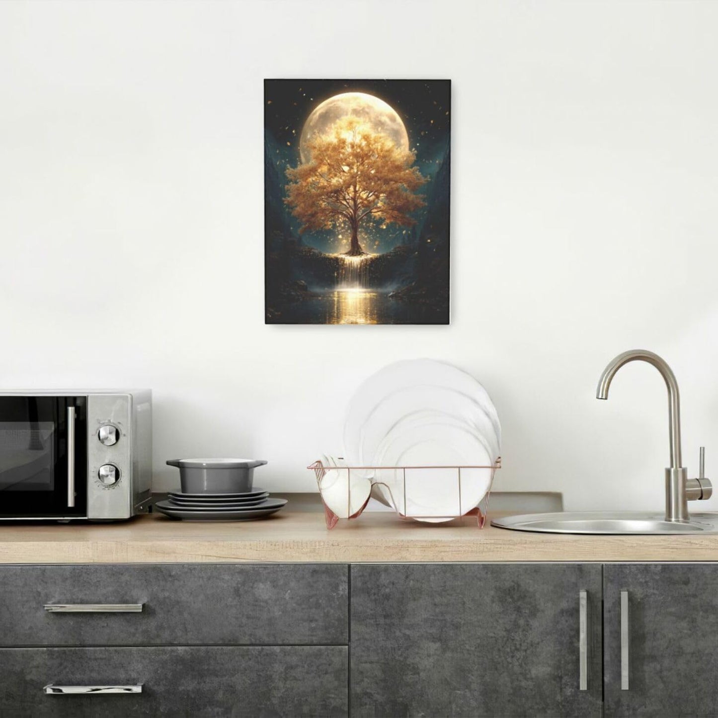 Golden Tree Wall Art Fantasy Tree with Moon and Waterfall Canvas Wall Decor Pictures Paintings Prints Mystical Nature Artwork Framed De corations For Meditation Space Bathroom Bedroom Living Room Office Gifts 12" x 16"