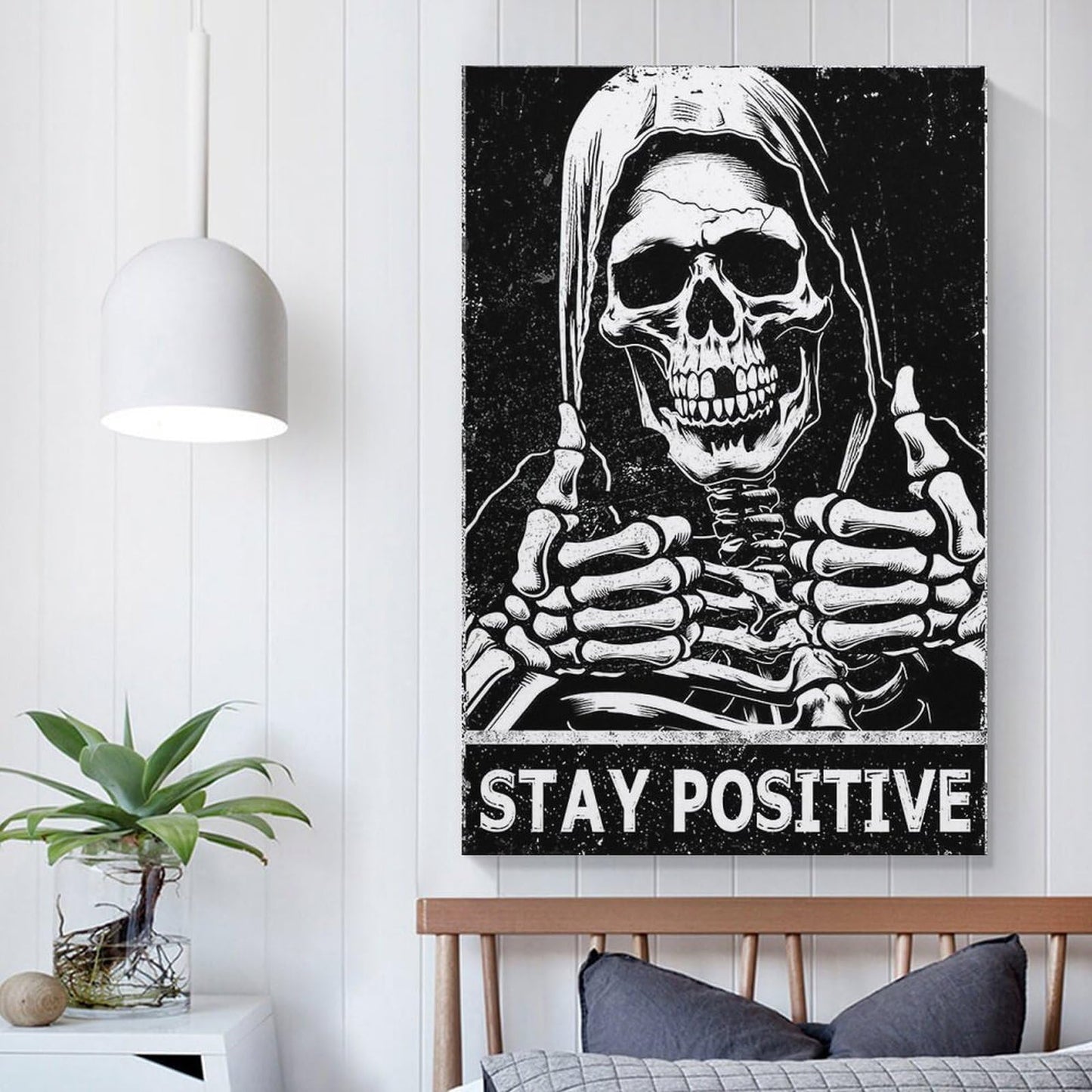 MAIHAIBAO Funny Stay Positive Skull Canvas Wall Art - Dark Humor Grim Reaper Poster - Motivational Gothic Decor for Bedroom & Office - 12x18 Inch (Unframed)