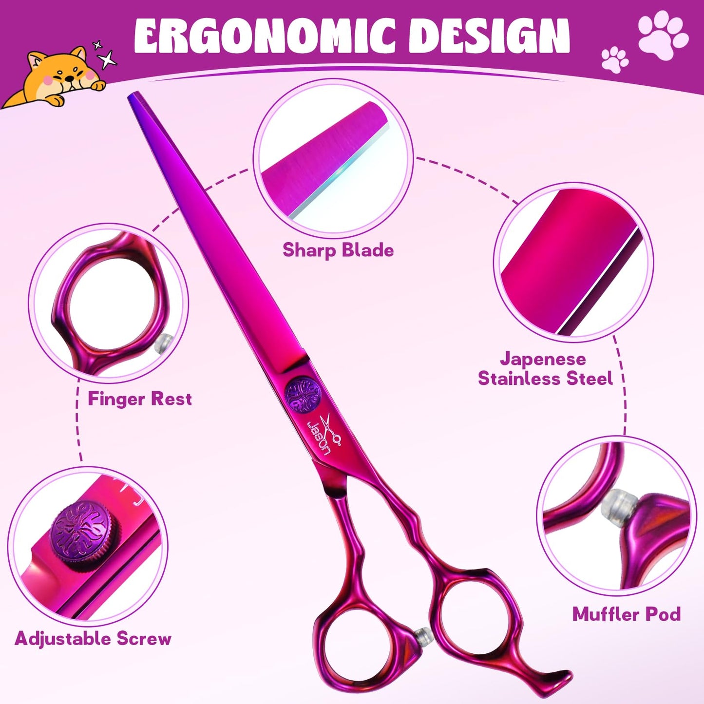 JASON Purple 6 in 1 Dog Grooming Scissors Set - Professional Thinner Set - 7" Thinning, Straight, Up-Curved, Down-Curved Scissors and Comb for Dog Cat Pet with Adjustable Screw