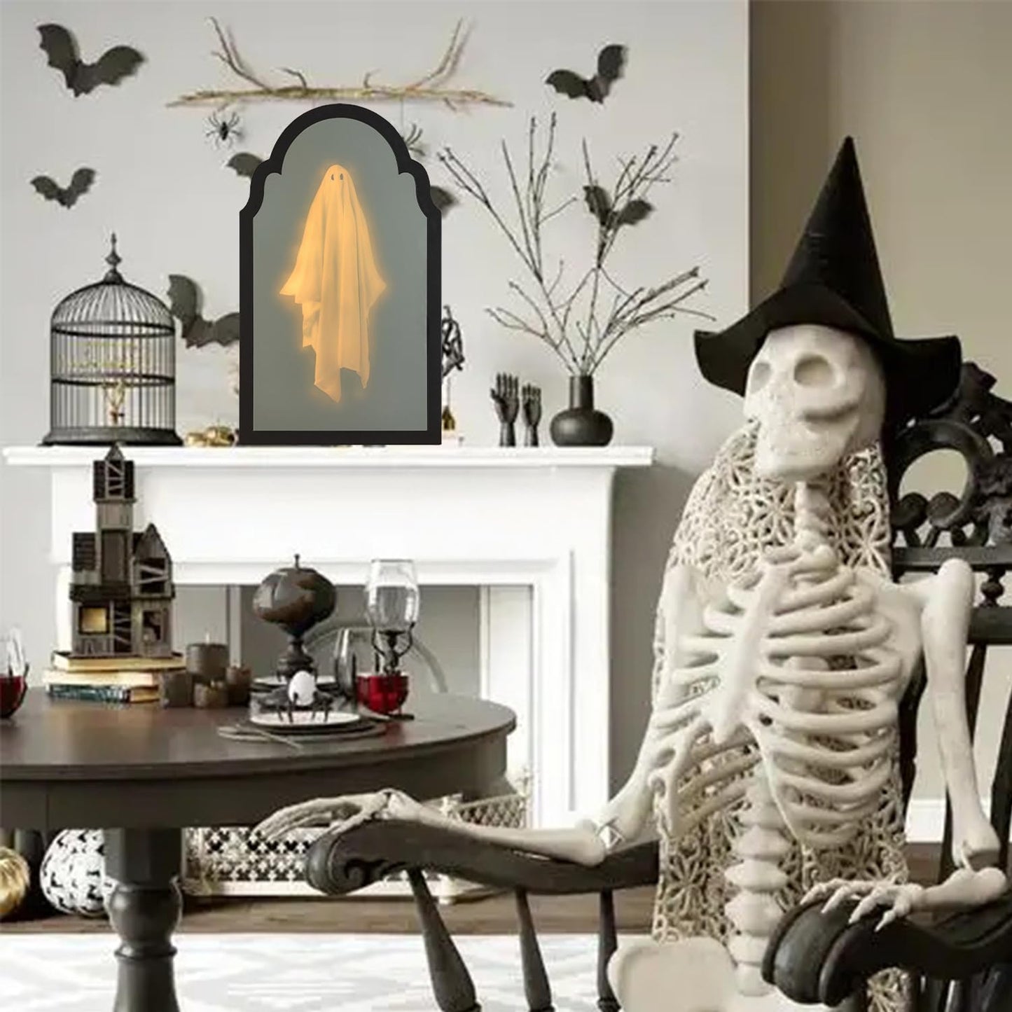 QIPECO Halloween Hologram Ghost Mirror with Creepy Eyes Night Light,Halloween Ghostmirror Spooky Halloween Haunted House Decor,Black Wood Frame (S)