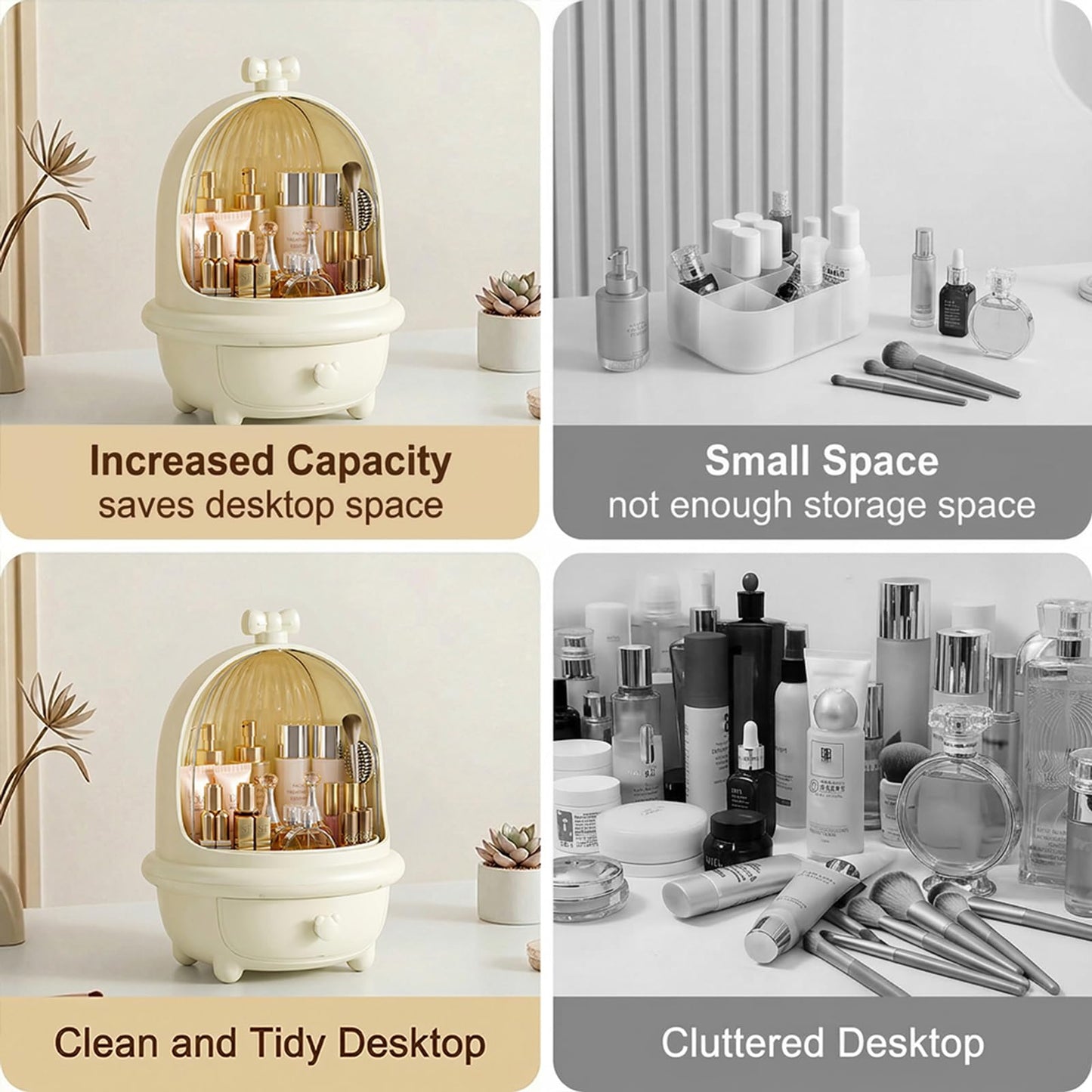 TIMBERHIDE 360° Rotating Cosmetic Storage Box,Cute Fashion Makeup Organizer with Drawer,Dustproof Skincare Display Case for Vanity Countertop Bathroom,Ideal Gift for Women（Cream）