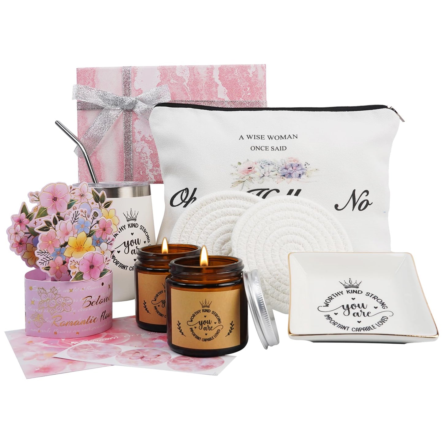 Gifts for Women, Birthday Gift Box Basket, Care Package for Women, Get Well Soon Gifts with Unique Makeup Bag and Insulated Cup, Unique Holiday Gifts Basket for Women, Her, Sister, Mom