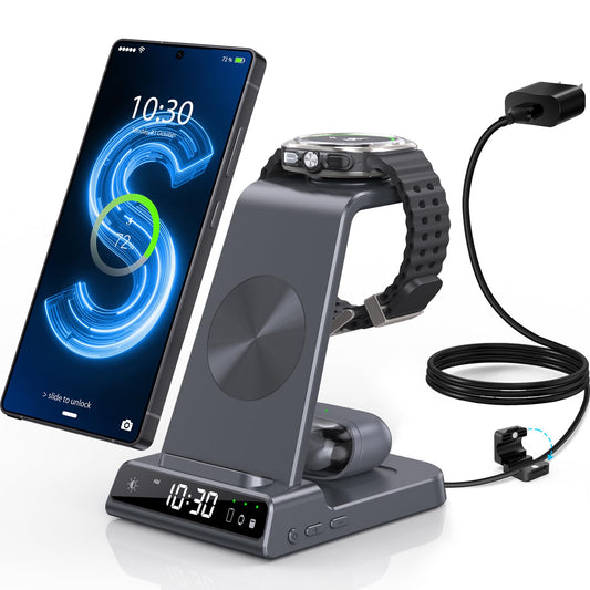 Wireless Charger for Samsung Charging Station with Clock for Samsung Galaxy S25 Ultra/S24/Z Flip 7/Z Fold 6/Bud, 3 in 1 Android Charging Station, Watch Charger for Samsung Galaxy Watch 8/7/6/5 (Grey)