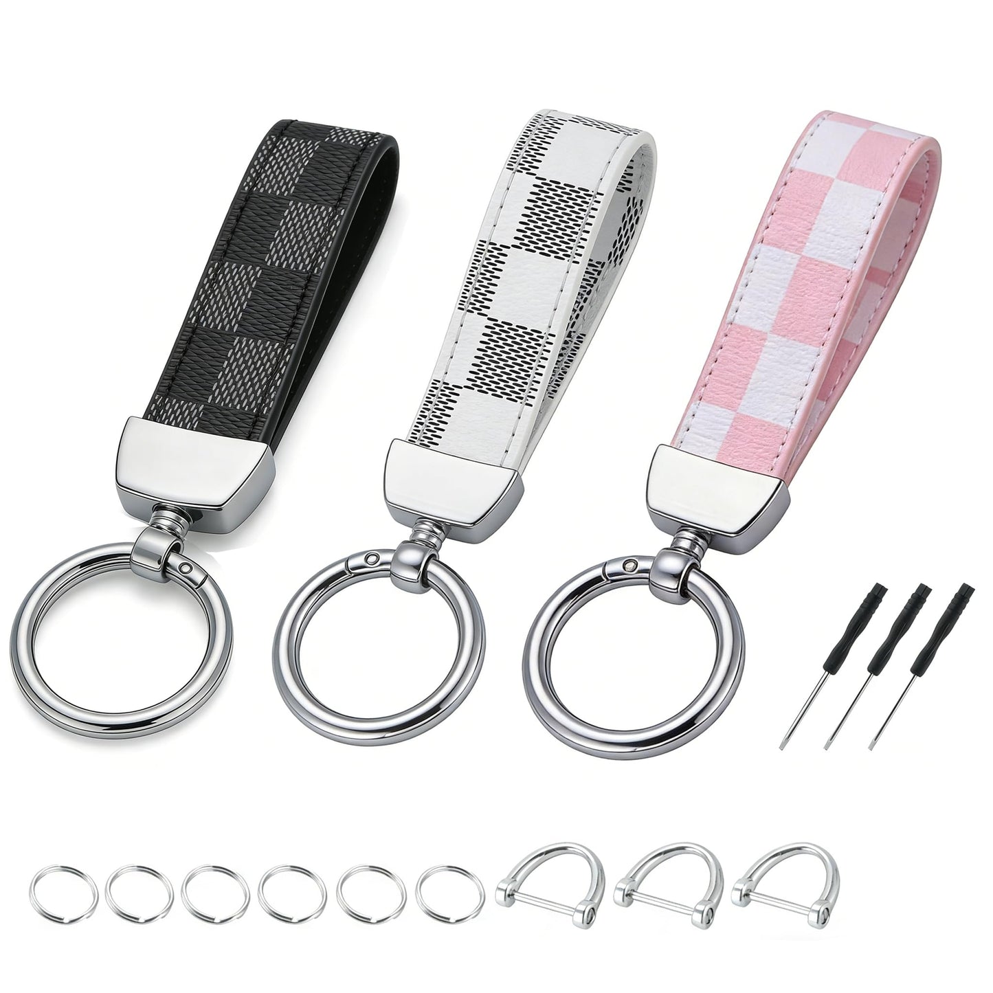 3-Pack Leather Car Keychains – Business Key Fob, Key Ring, Phone Pendant & Bag Charm for Women – Versatile Accessories for Office, Car & Travel – Ideal Gift for Professionals , Black, White & Pink