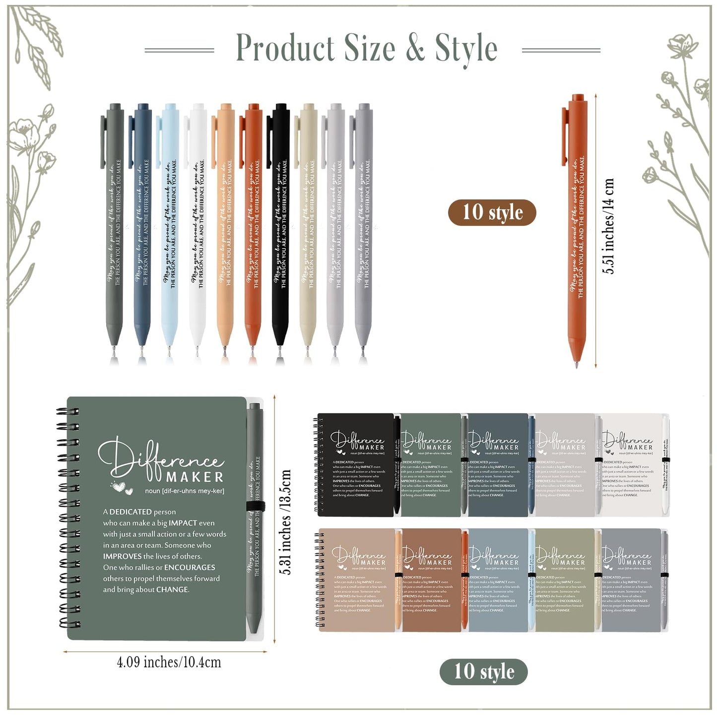 Resurhang 20 Sets Difference Maker Employee Appreciation Gifts Bulk Inspirational A6 Spiral Notebooks Journal with Ballpoint Pens for Social Worker Volunteer Coworker Staff Team Gifts (Neutral Colors)