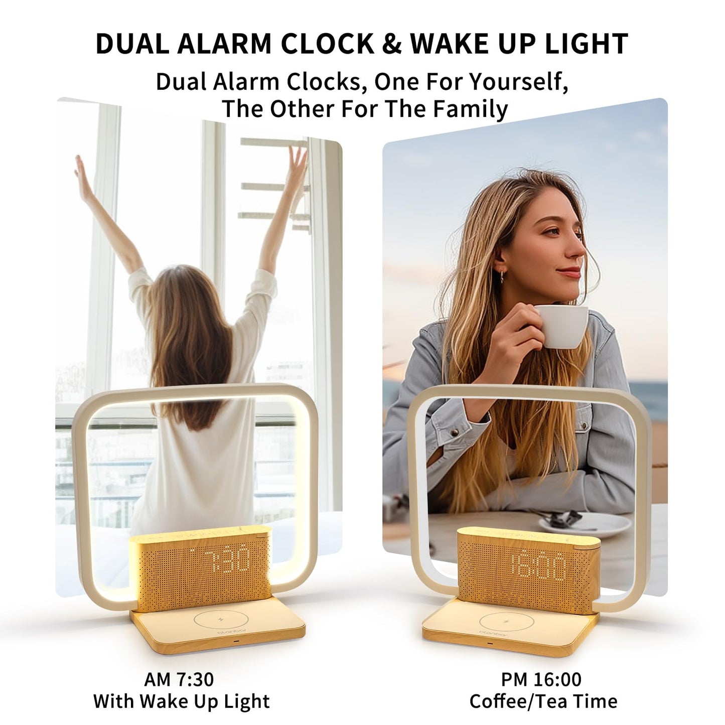 Sunrise Alarm Clock with Wireless Charging Desk Touch Lamp 3 Level Dimmable Wake-up Light Bedside Lamps for Bedroom Living Room,Sunrise Lamp with 10 Natural White Noise Sound 30/60/90 Mins countdown
