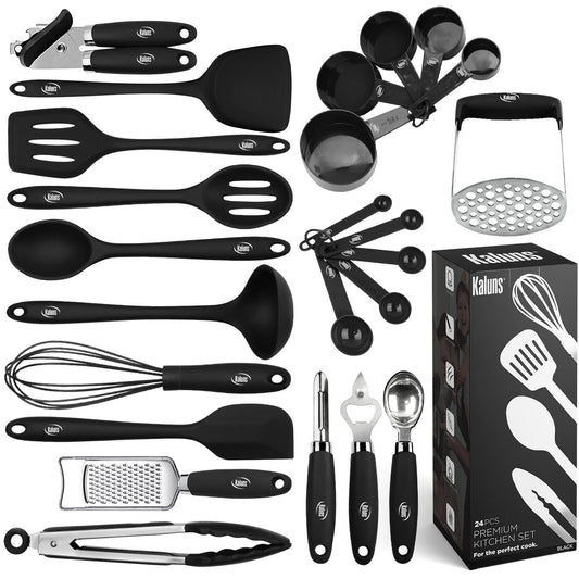 Kaluns Silicone Kitchen Utensils Set 24 Pcs Silicone Cooking Utensils Set - Can Opener, Masher, Turner, Spatula 446°F Heat Resistant Non-Stick - Premium Utensil Set