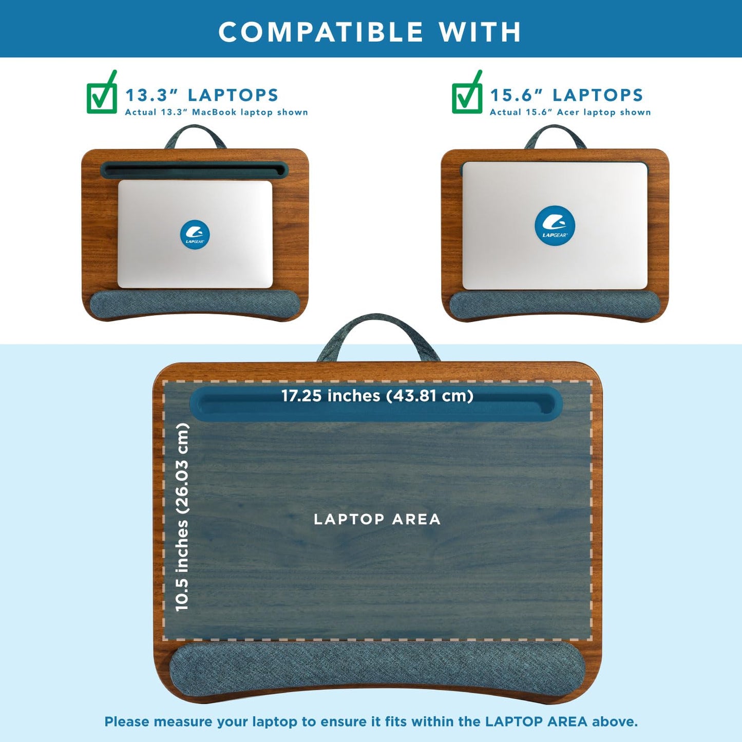 LAPGEAR Portable Laptop Lap Desk with Pillow Cushion, Anti-Slip Strip, Tablet or Phone Storage Slot, Pen and Pencil Pocket, and Wrist Rest - Espresso Woodgrain - Fits 15.6" Laptops - Style No. 91342