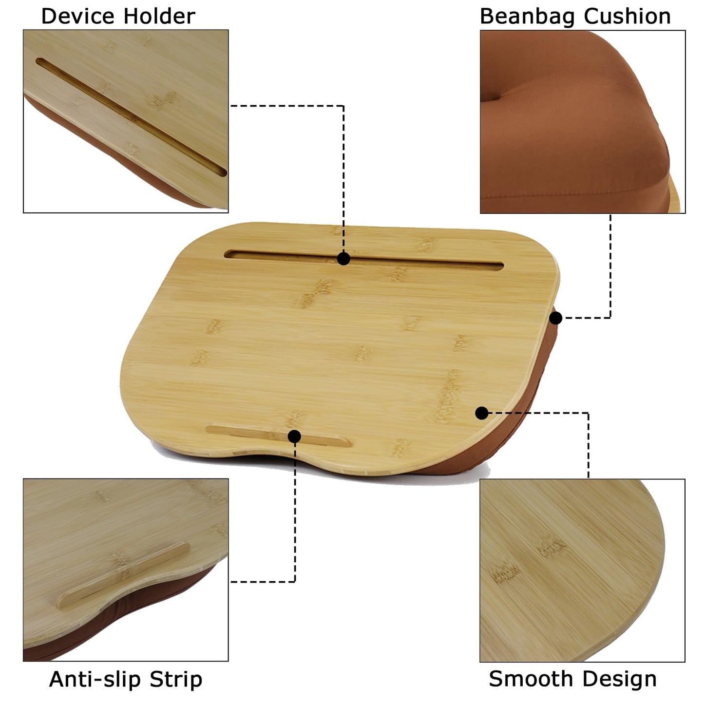 SUMISKY Bamboo Lap Desk for Laptop with Cushion, Portable Laptop Stand with Phone Hoder & Anti-Slip Stopper-Fits up to 15 inch for Home Office Students Use