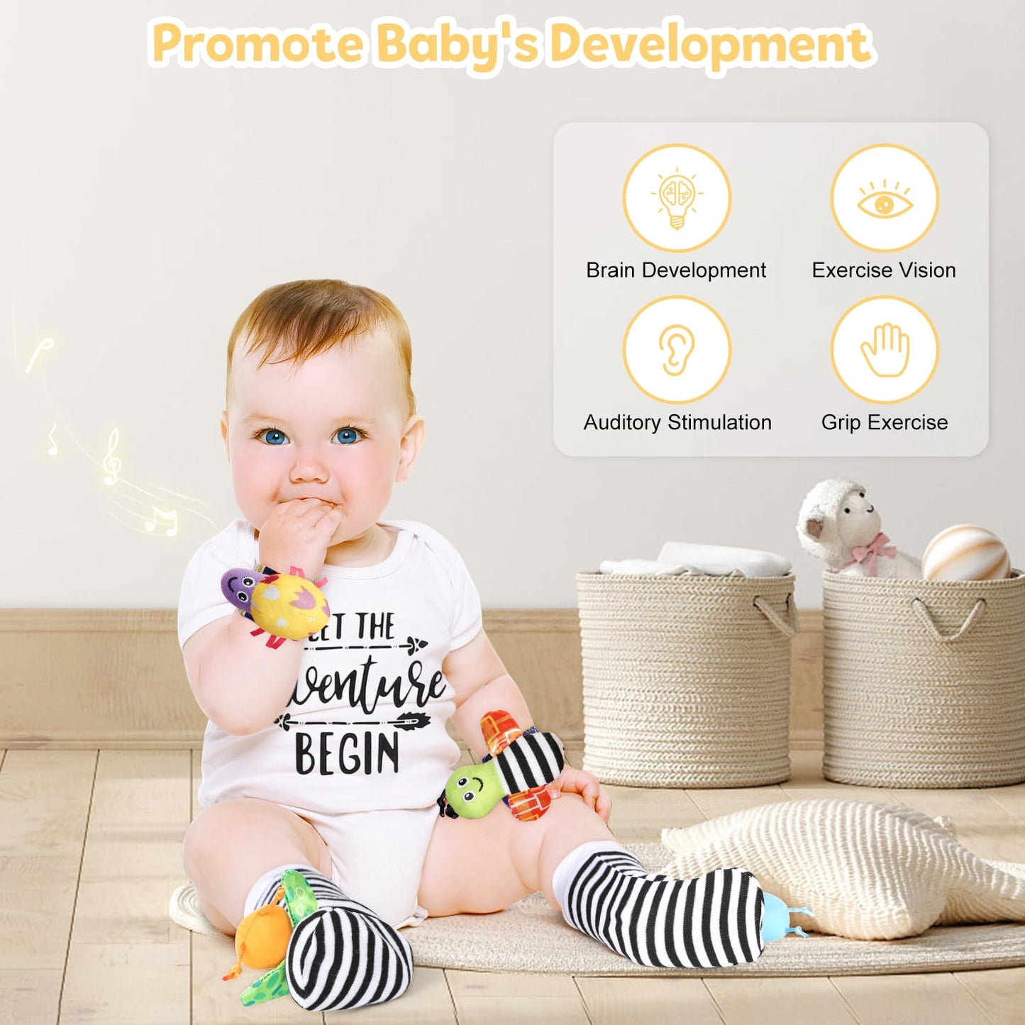 iAOVUEBY Baby Gift Set, Baby Shower Gifts, Black and White High Contrast Baby Toys 0-6 Months for Newborn Essentials Infant Rattle Socks Elephant Toys Blanket Onesies Baby Gift Basket for Girls Boys