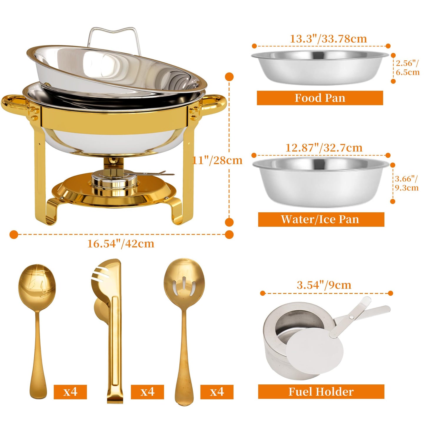 4 Pack Gold Round Chafing Dishes for Buffet, 5 QT Food Warmers and Cold Food Server for Parties, Events Hosting, Family Gatherings, Full Set Catering Supplies with Serving Utensils Accessories