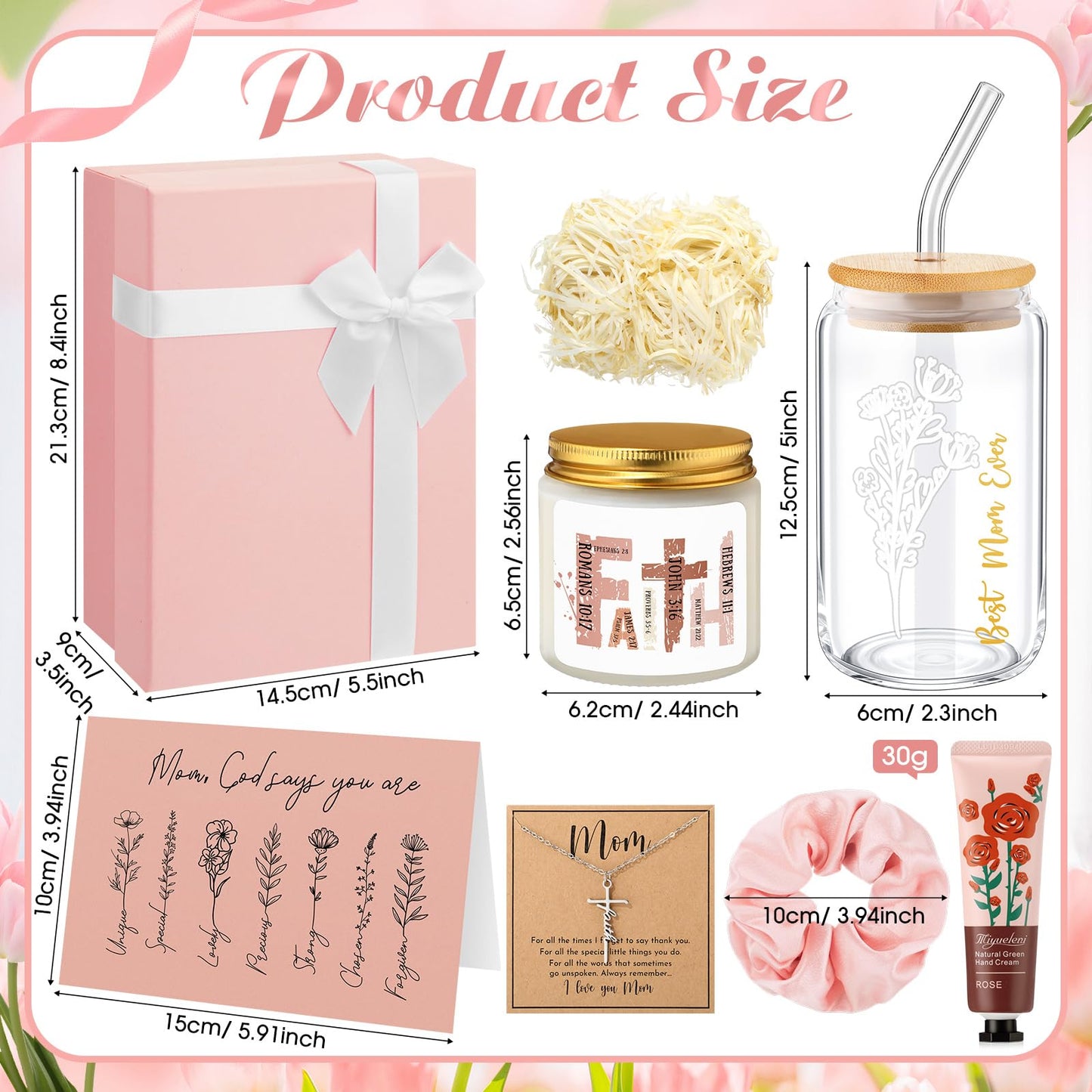 SilTriangle 10 Pcs Christian Gifts for Mom Faith Religious Bible Box Gift Set for Mother Women Glass Cup Candle Cross Necklace Hand Cream Hair Tie Greeting Card Birthday(Pink)