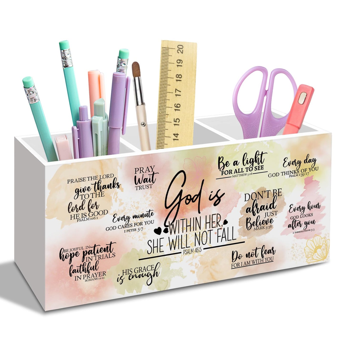 nvucamd Religious Bible Gifts Pen Holder for Desk Women, Christian Religious Office Desk Accessories, Christian Inspirational Pencil Holders Organizer for Classroom,God Is Within Her She Will Not Fall