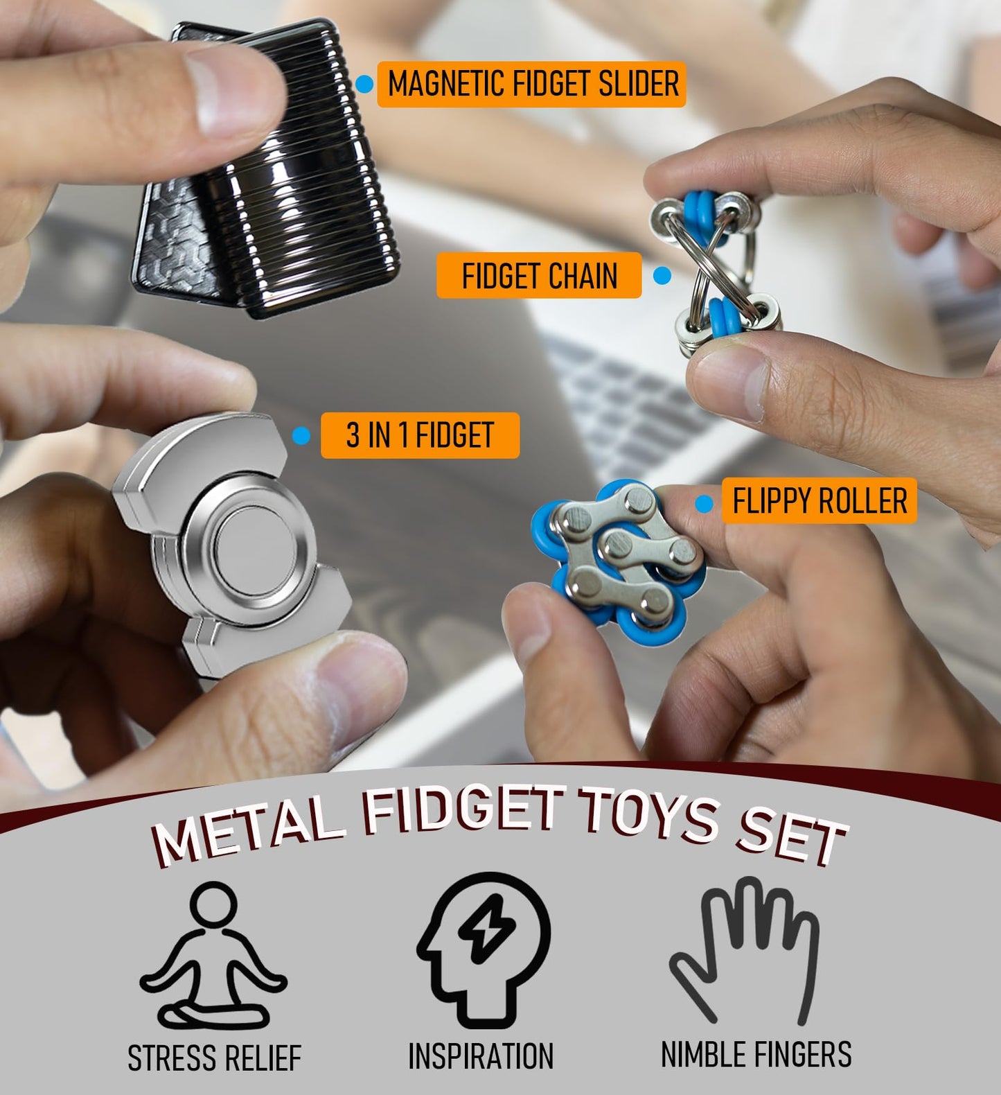 Metal Fidget Toys Adults Set Magnetic Spinner Slider - Premium Stress Relief Desk Toy for Teens - Sensory Fidget Toys for Anxiety ADHD Autism - Cool Office Gadgets Gifts for Men Boys