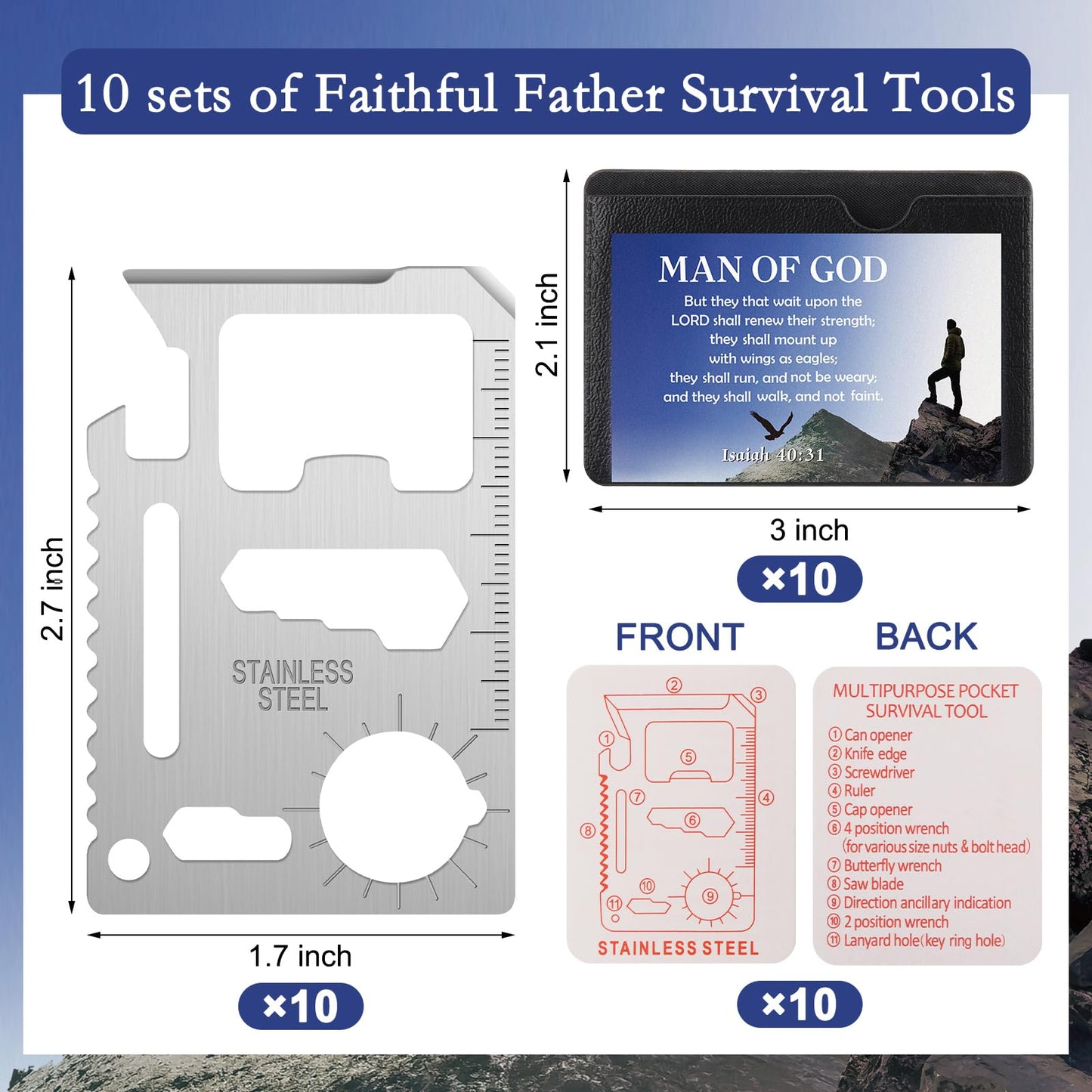 PullCrease 10 Pcs Man of God 11 in 1 Stainless Steel Credit Card Multitool Father's Day Gifts Survival Wallet Tool Bible Verse Ephesians 6: 10-11 Pocket Tool Set for Men Church Prizes Party Favor