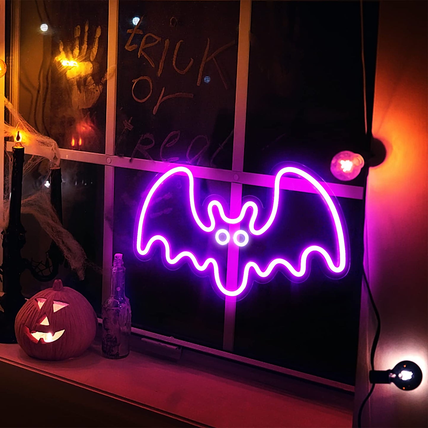 Halloween Neon Sign - Purple Bat LED Neon Sign with Dimmer 15.7x9.4 Inch, USB Powered Halloween Vampire Neon Lights for Wall Decor, Bedroom, Party, Room, Holiday, Kids Gift