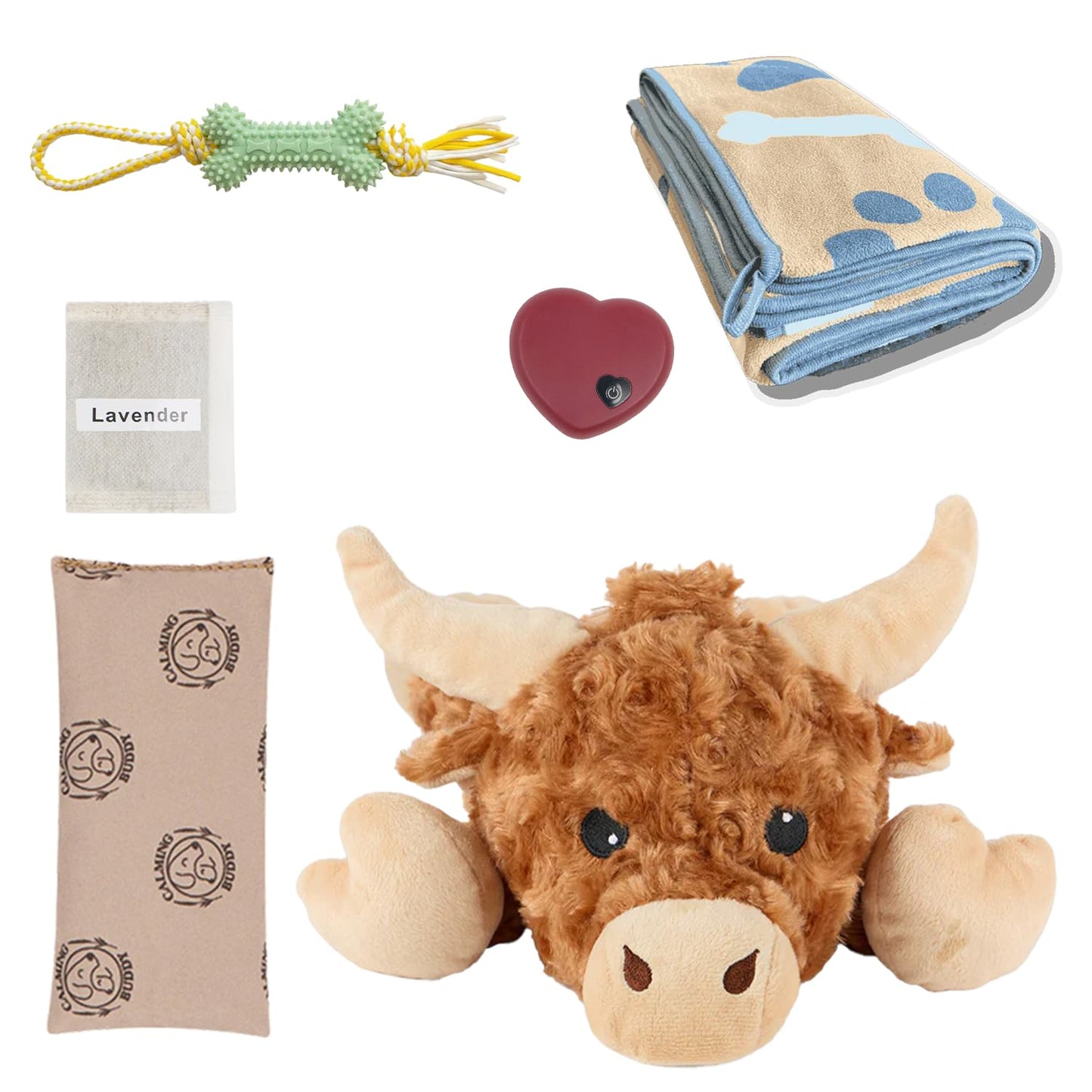 calming buddy - Cow Kit – Puppy Heartbeat Toy Sleep Aid for Dogs, Anxiety Relief Plush Toy with Heat Pack & Lavender, Includes Blanket & Squeaky Toy for All Breeds