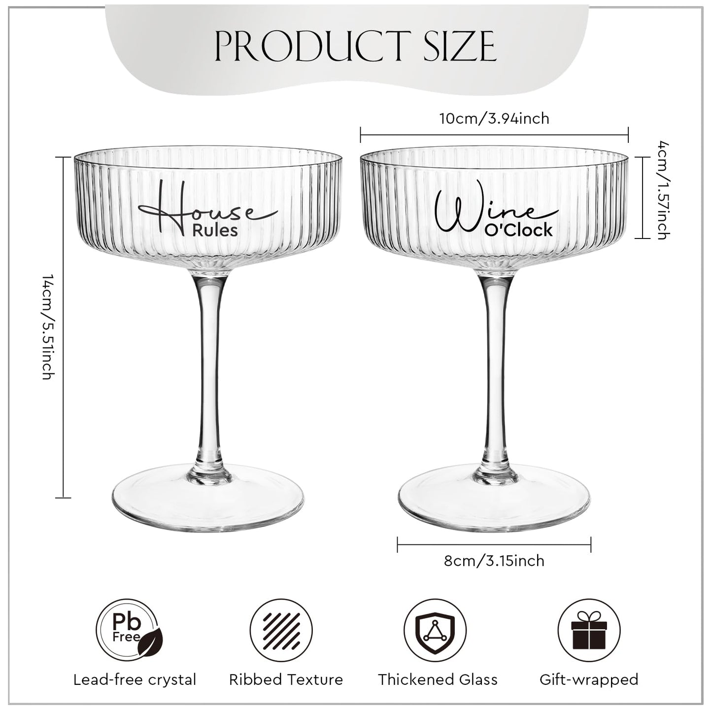 AW BRIDAL Wedding Gifts for Couples 2026 – 8.5oz Ribbed Coupe Glasses Set of 2 Housewarming Gifts for New Home, Martini Cocktail Champagne Glass, Couple Gift for Bridal Shower, Anniversary