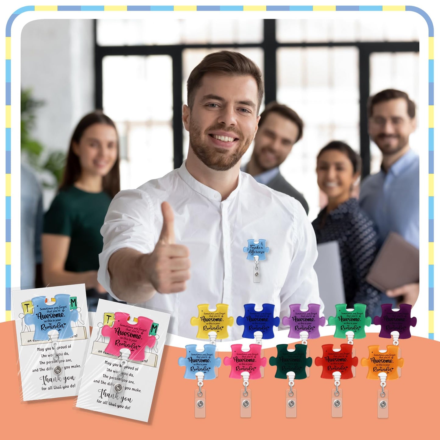 ReliThick 18 Set Employee Appreciation Gifts Bulk, Puzzle Badge Reel Set with Thank You Cards, Retractable ID Badge Holder for Nurse Teacher Staff Team Office Hospital School (Awesome Remider)