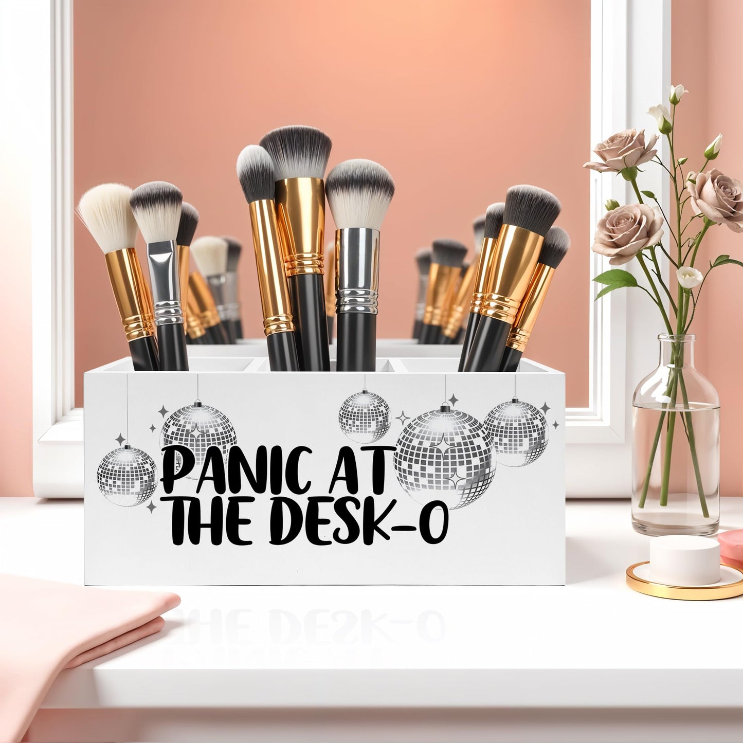 FITIE Funny Trendy Disco Ball Pencil Pen Holder for Desks, Panic at the Desk-O Mental Health Wooden Pencil Holder Organizer for Home Office Desk Accessories, Office Humor Gifts for Women