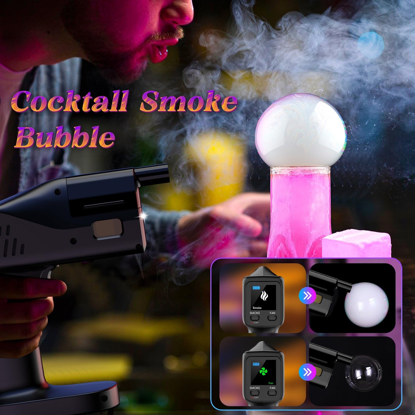 Electric Cocktail Smoke Bubble Gun Kit - Aroma Blaster with 4 Flavor Oils & Edible Bubbles | 5000mAh Rechargeable, Color Screen | Smoker for Whiskey, Food, Drinks | Great Gift for Dad, Men, Bartender