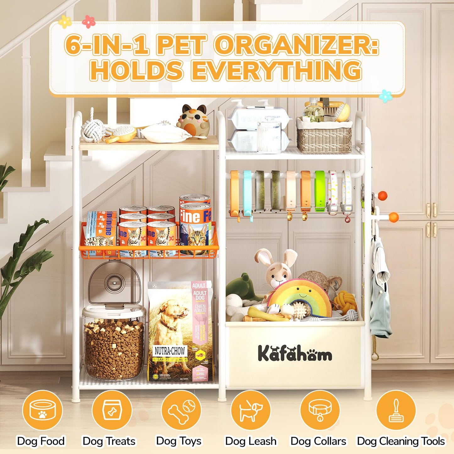 KAFAHOM Dog Toy Bin, Multi-Functional Dog Toy Basket with Collar Rod & Can Dispenser, Puppy Essentials Shelf, Dog Stuff Box, Perfect Basket for Dog Toys in Living Room, Great Gift for Pet Lovers