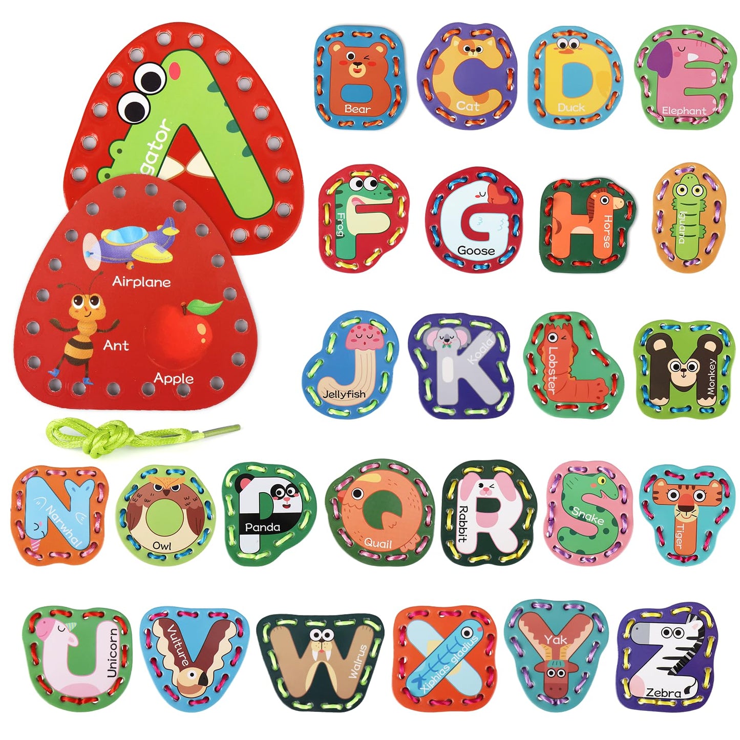 Vodolo 26 Pieces Lacing Cards Travel Sewing Kit for Kids, Letters Sequencing Threading Toy, Double Sided Fine Motor Skills Learning Toys, Classroom Supplies